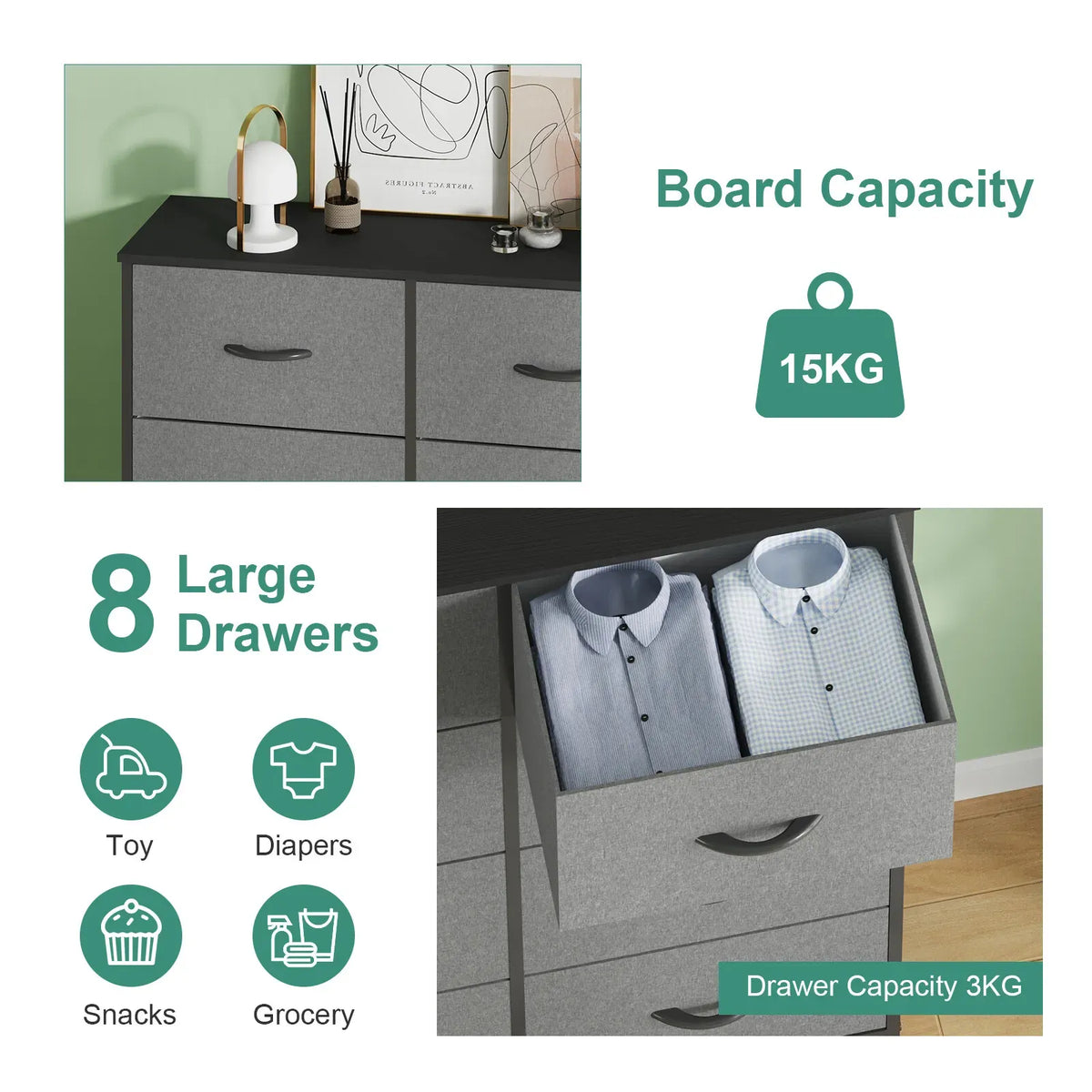 Grey Tallboy Chest of 8 Drawers Storage Cabinet for Bedroom and Living Room