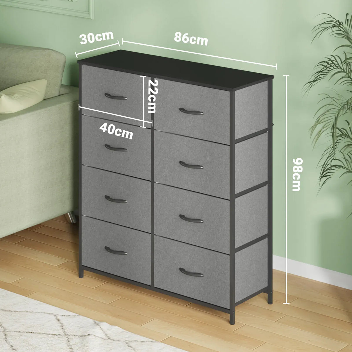 Grey Tallboy Chest of 8 Drawers Storage Cabinet for Bedroom and Living Room