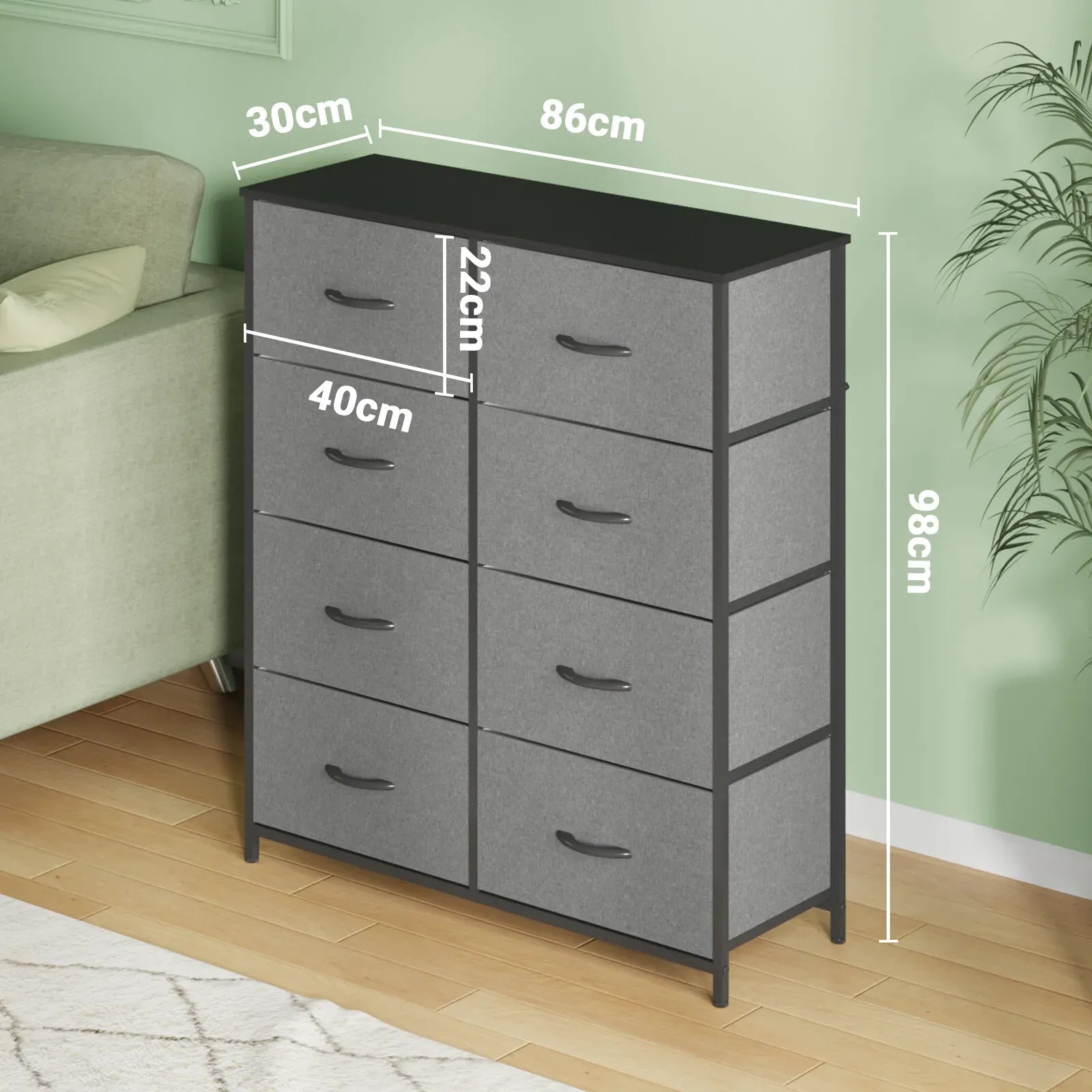 Grey Tallboy Chest of 8 Drawers Storage Cabinet for Bedroom and Living Room