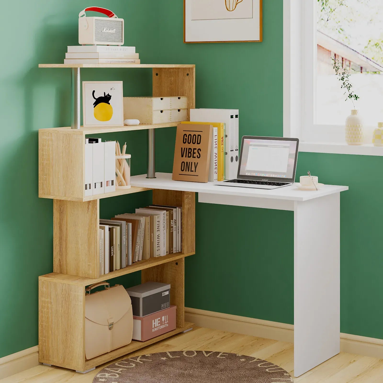 Adjustable Computer Desk with Storage Shelving in White Jointed Oak, 131x86x106cm