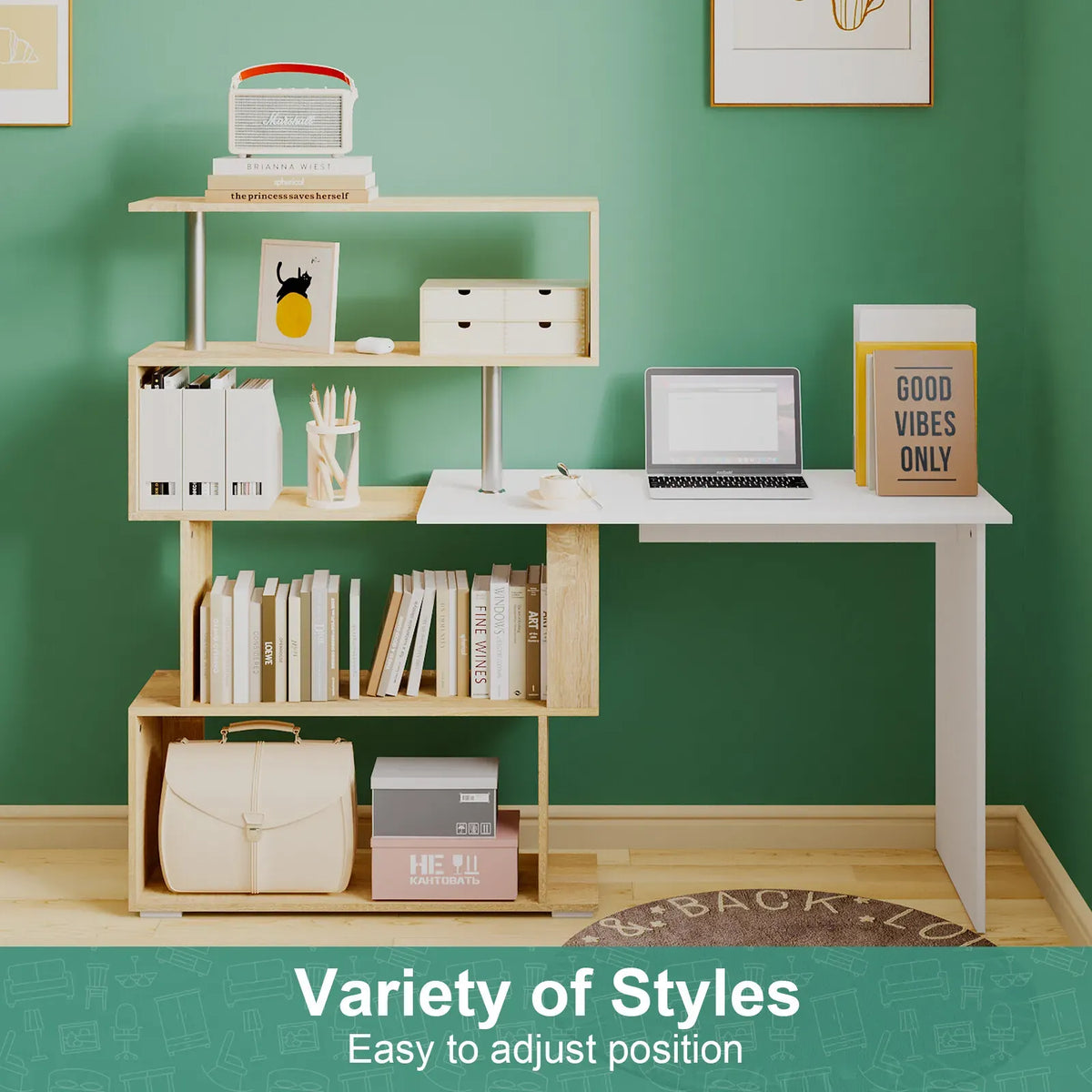 Adjustable Computer Desk with Storage Shelving in White Jointed Oak, 131x86x106cm