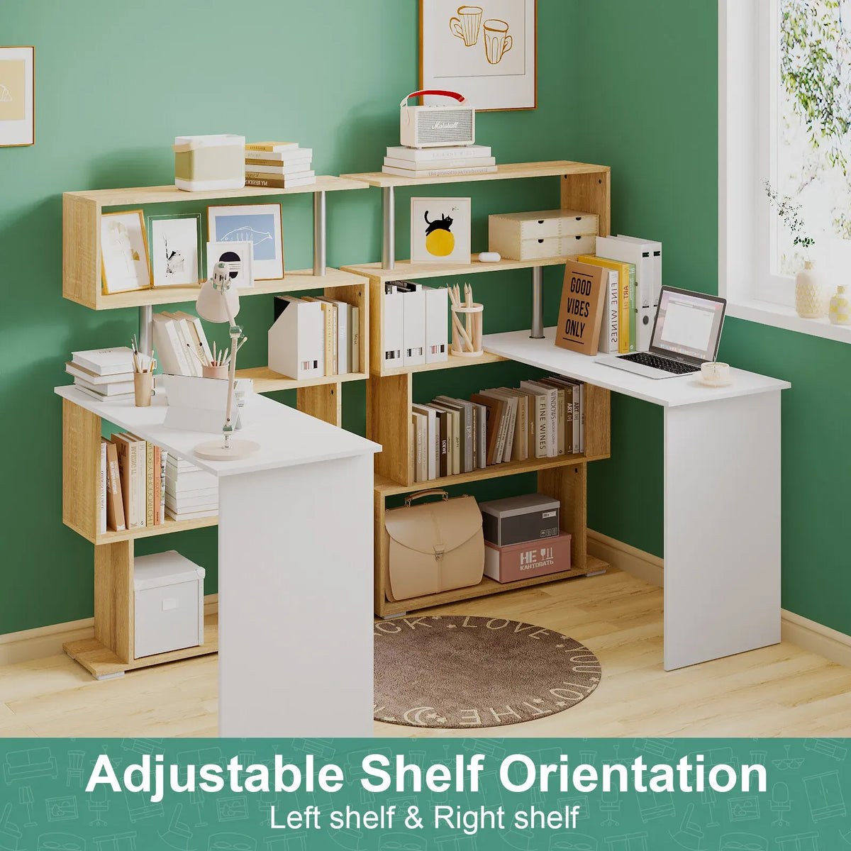 Adjustable Computer Desk with Storage Shelving in White Jointed Oak, 131x86x106cm