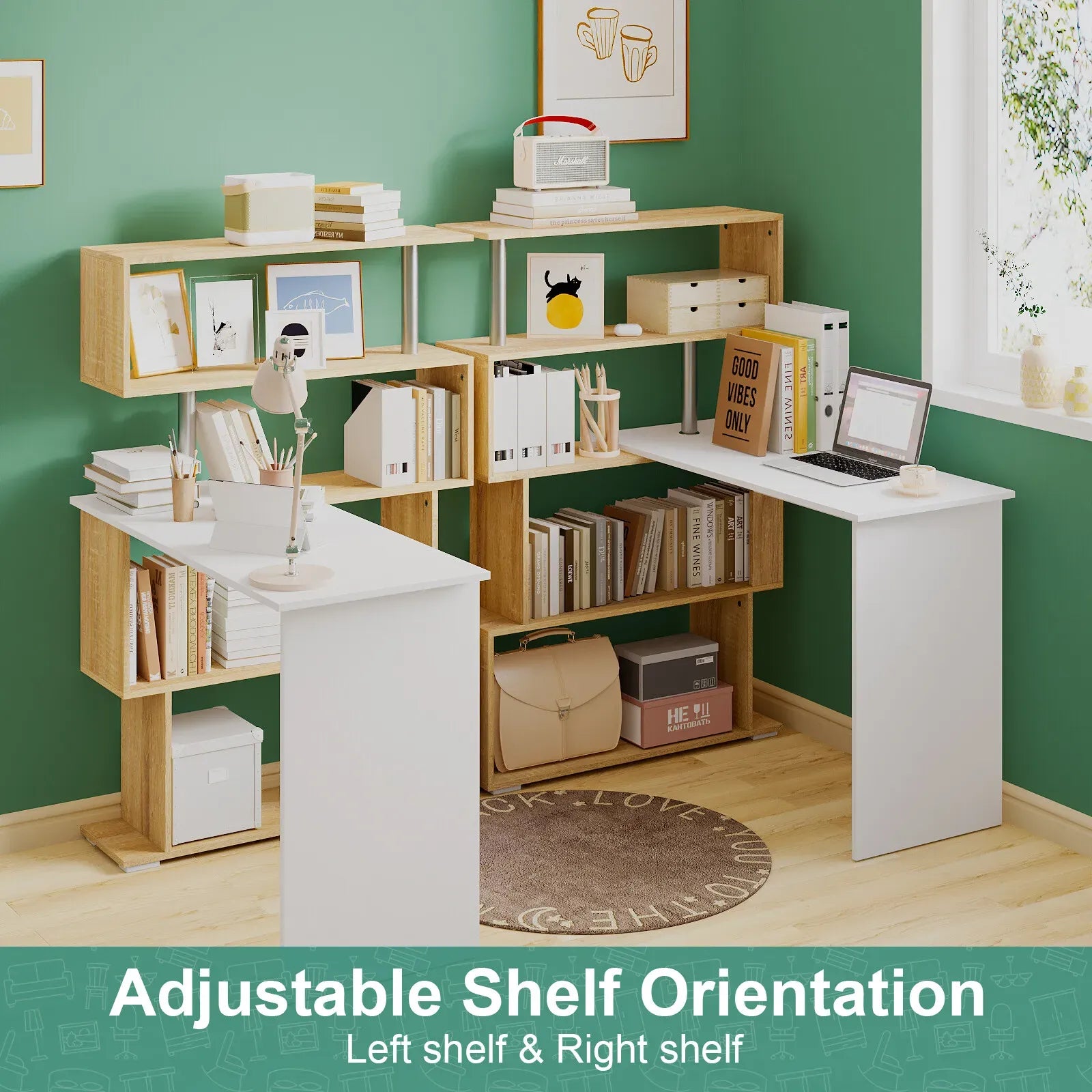Adjustable Computer Desk with Storage Shelving in White Jointed Oak, 131x86x106cm