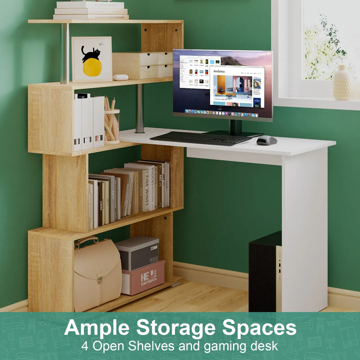 Adjustable Computer Desk with Storage Shelving in White Jointed Oak, 131x86x106cm