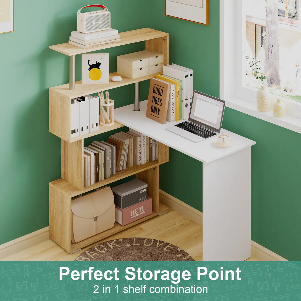 Adjustable Computer Desk with Storage Shelving in White Jointed Oak, 131x86x106cm