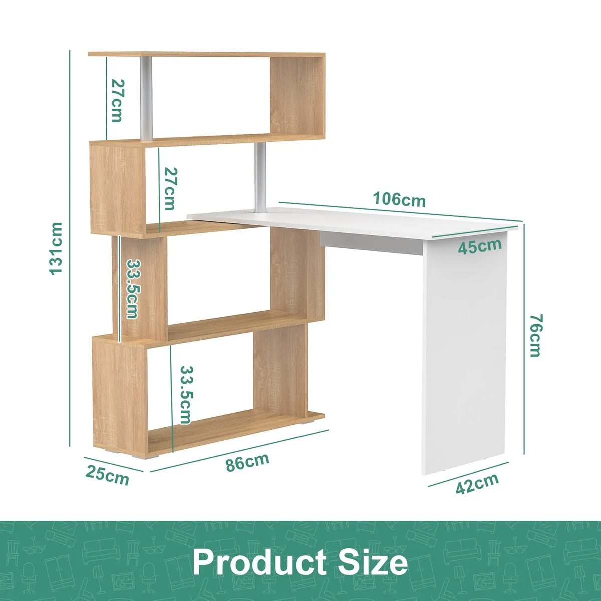 Adjustable Computer Desk with Storage Shelving in White Jointed Oak, 131x86x106cm