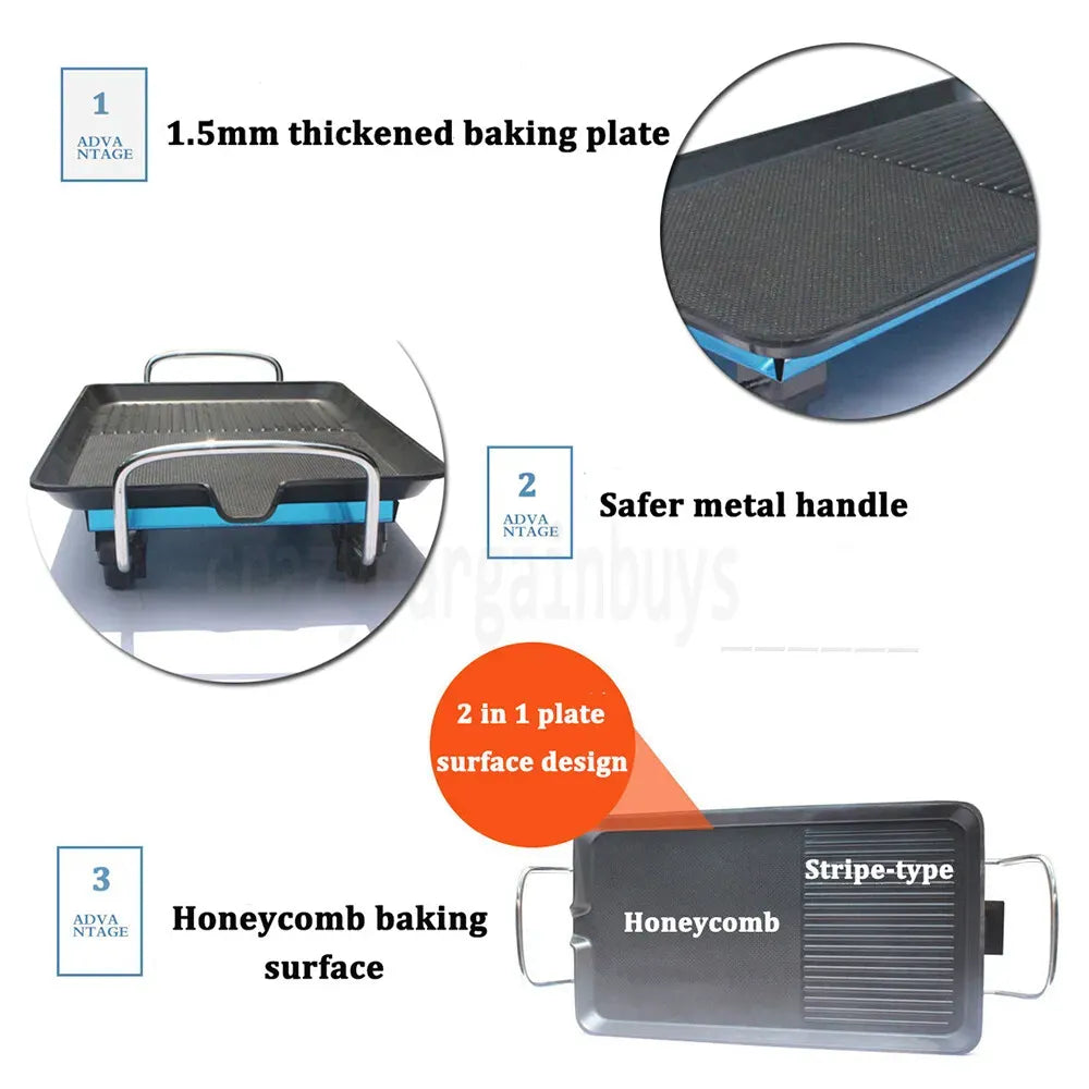 2000W Electric Teppanyaki Grill Non-Stick Hot Plate Smokeless Black 48x28cm