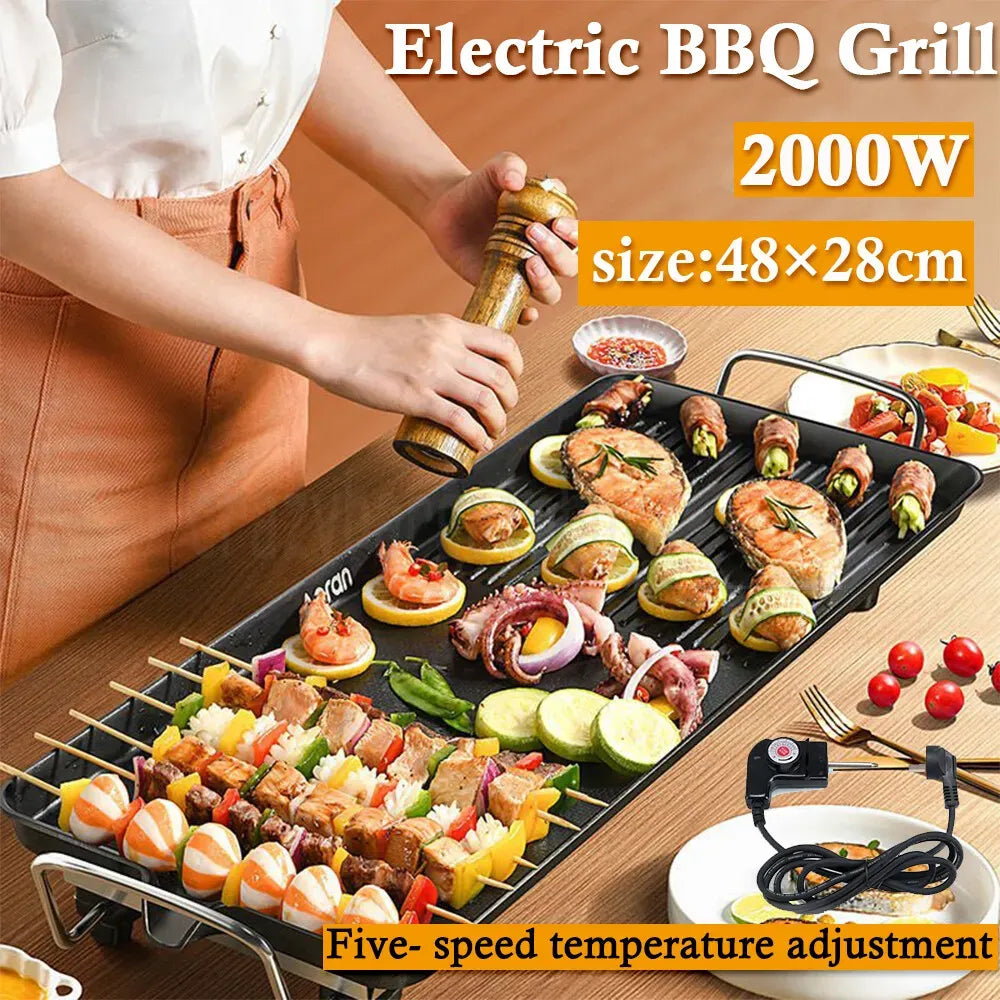 2000W Electric Teppanyaki Grill Non-Stick Hot Plate Smokeless Black 48x28cm