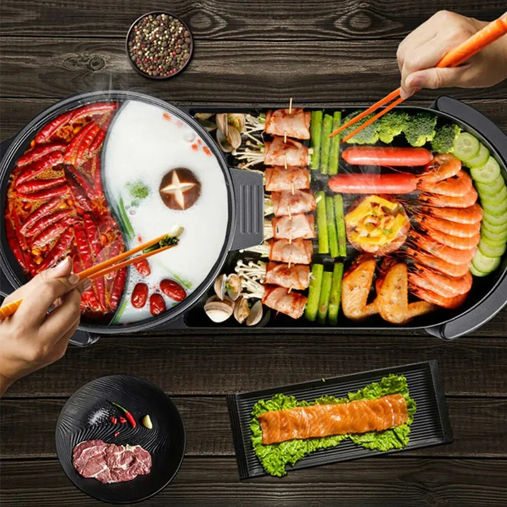 Electric 2 in 1 Black BBQ Grill and Hot Pot with Non-Stick Surface, 1360W, 69x26x11.5cm