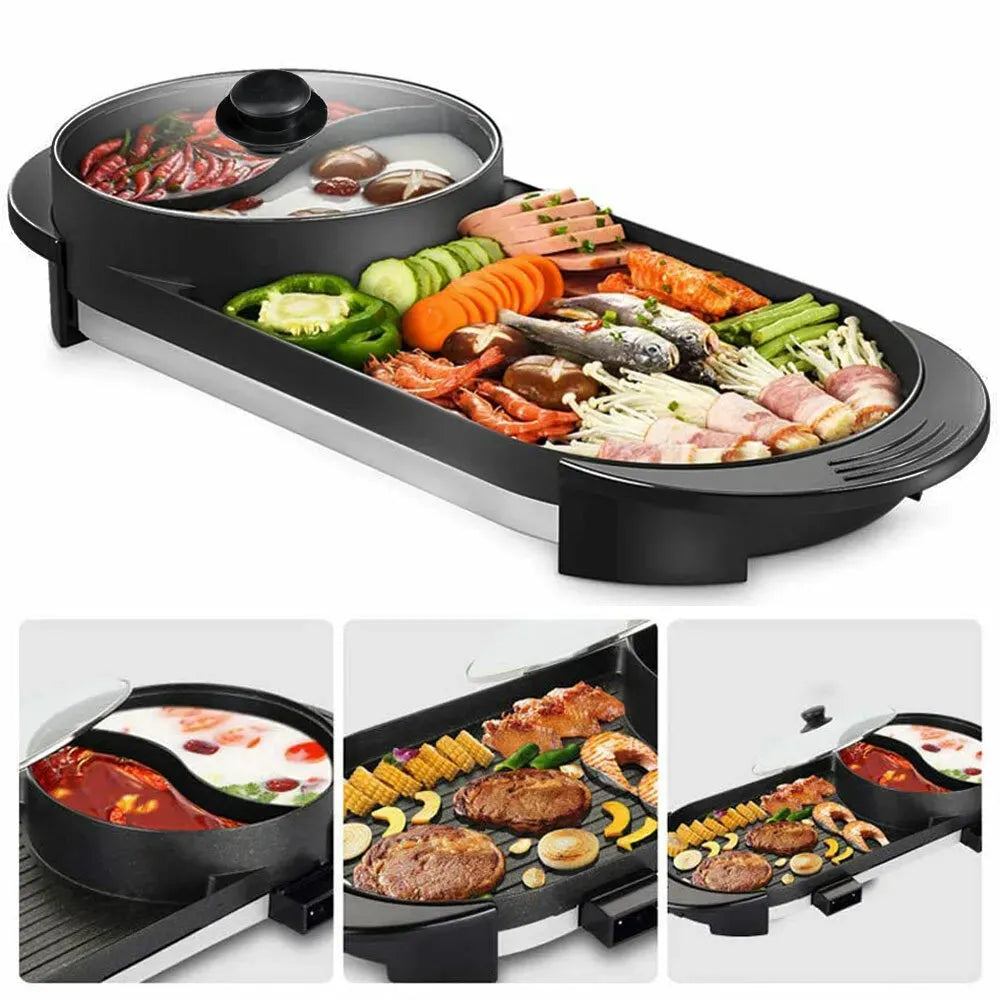 Electric 2 in 1 Black BBQ Grill and Hot Pot with Non-Stick Surface, 1360W, 69x26x11.5cm