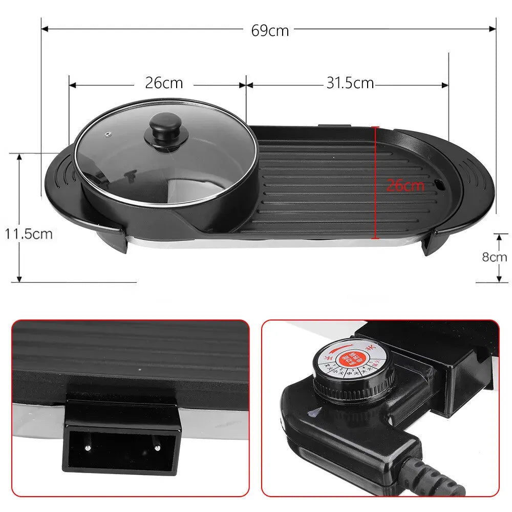 Electric 2 in 1 Black BBQ Grill and Hot Pot with Non-Stick Surface, 1360W, 69x26x11.5cm