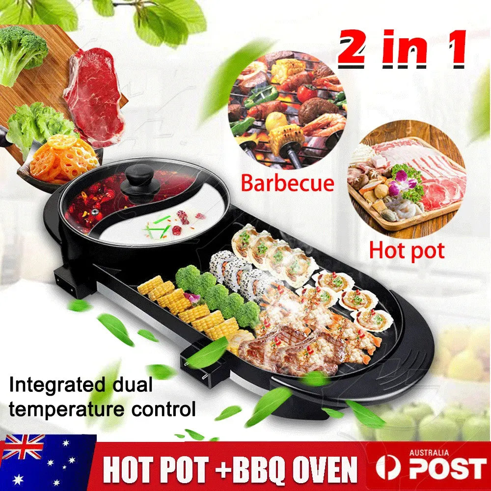 Electric 2 in 1 Black BBQ Grill and Hot Pot with Non-Stick Surface, 1360W, 69x26x11.5cm