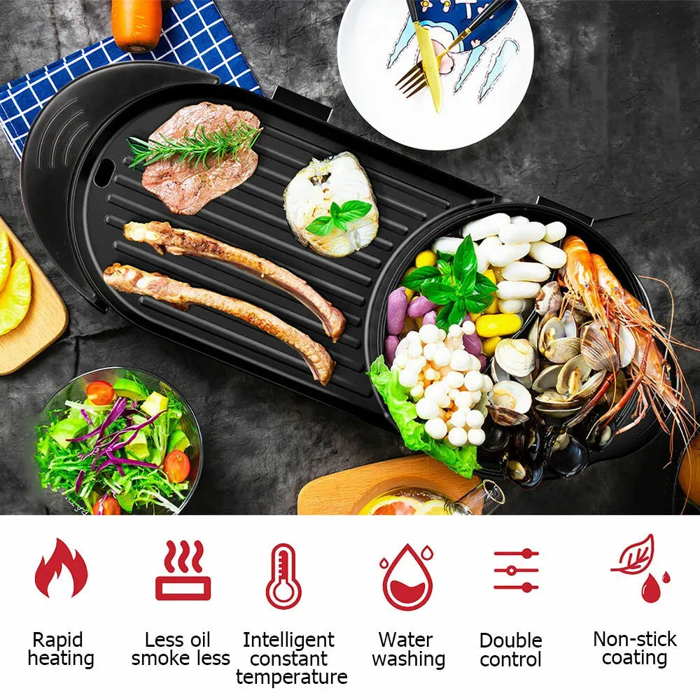 Electric 2 in 1 Black BBQ Grill and Hot Pot with Non-Stick Surface, 1360W, 69x26x11.5cm
