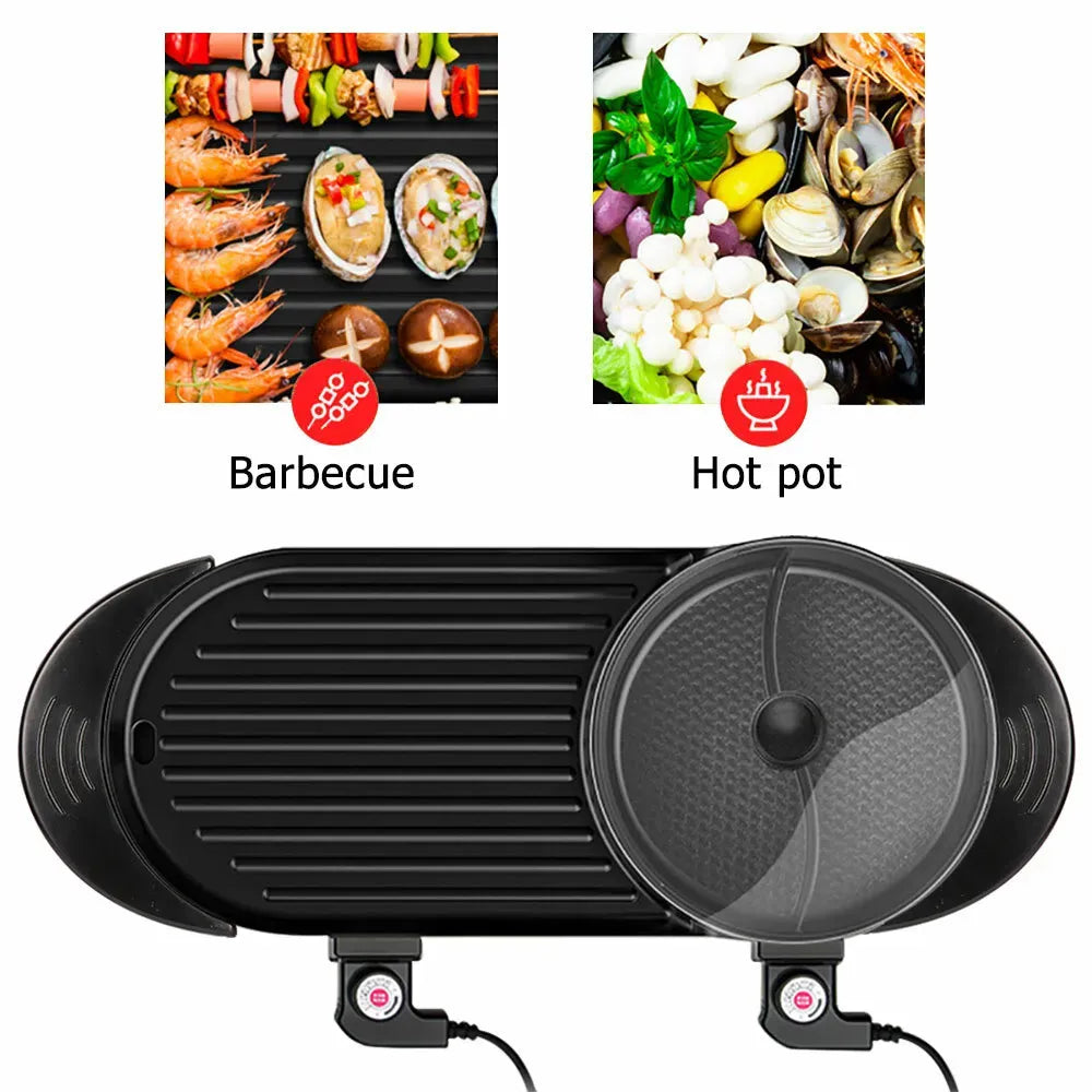 Electric 2 in 1 Black BBQ Grill and Hot Pot with Non-Stick Surface, 1360W, 69x26x11.5cm