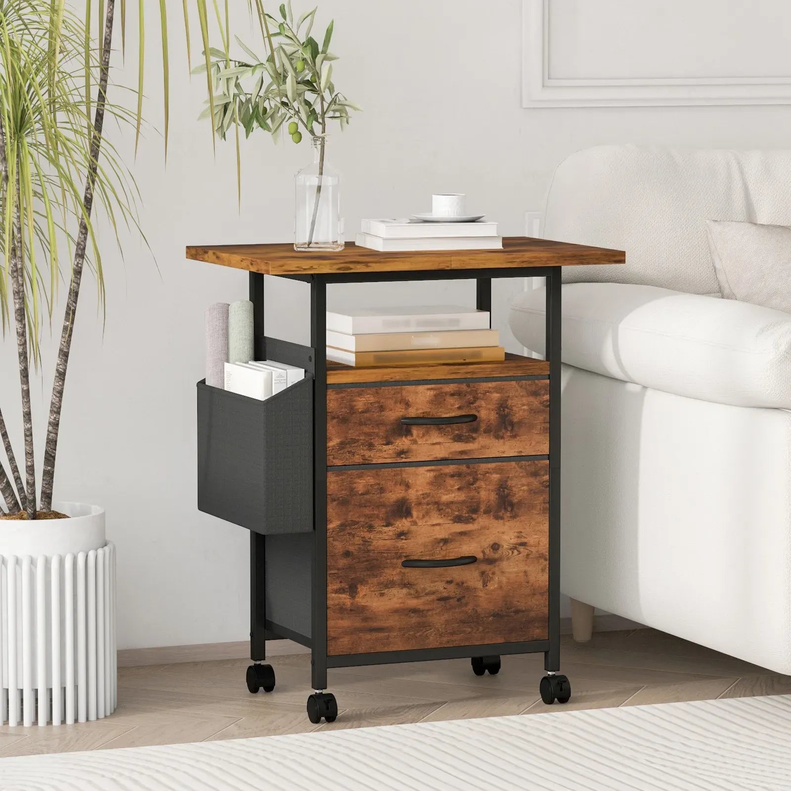 61x38cm Walnut Printer Stand, 4-Tier Mobile File Cabinet with Storage Drawer