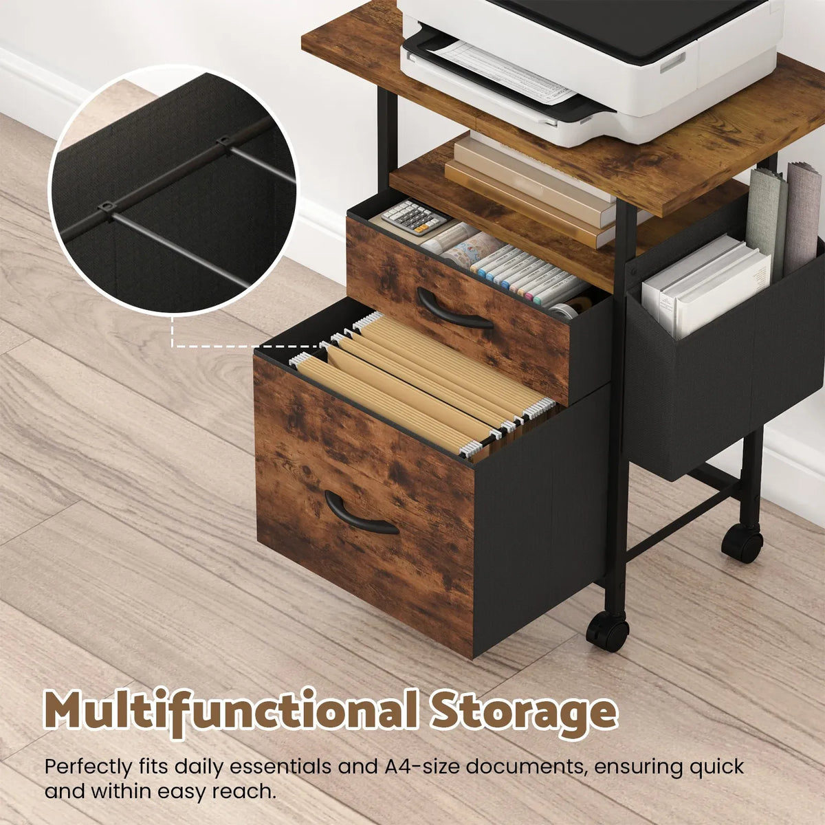 61x38cm Walnut Printer Stand, 4-Tier Mobile File Cabinet with Storage Drawer