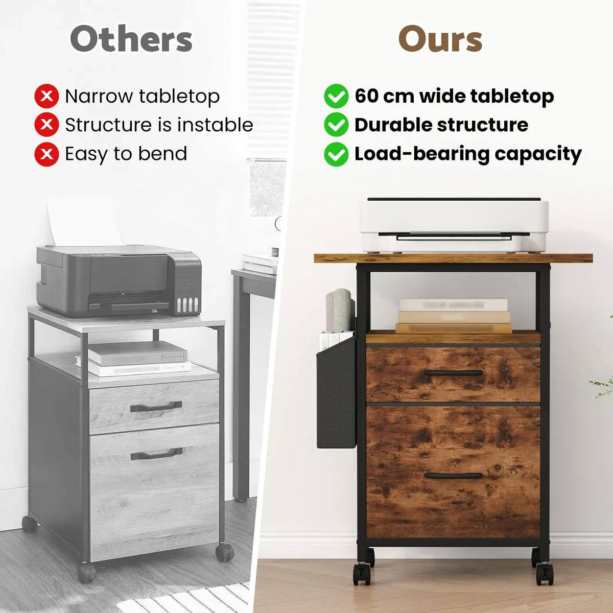 61x38cm Walnut Printer Stand, 4-Tier Mobile File Cabinet with Storage Drawer