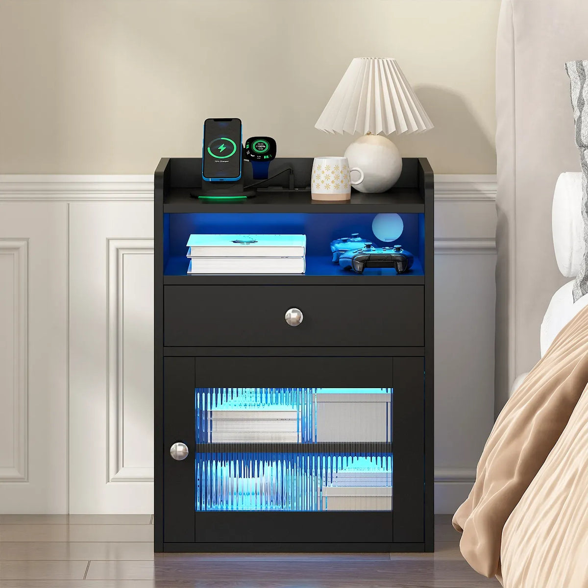 Black Bedside Table with Acrylic Door, Charging Station and RGB LED Light