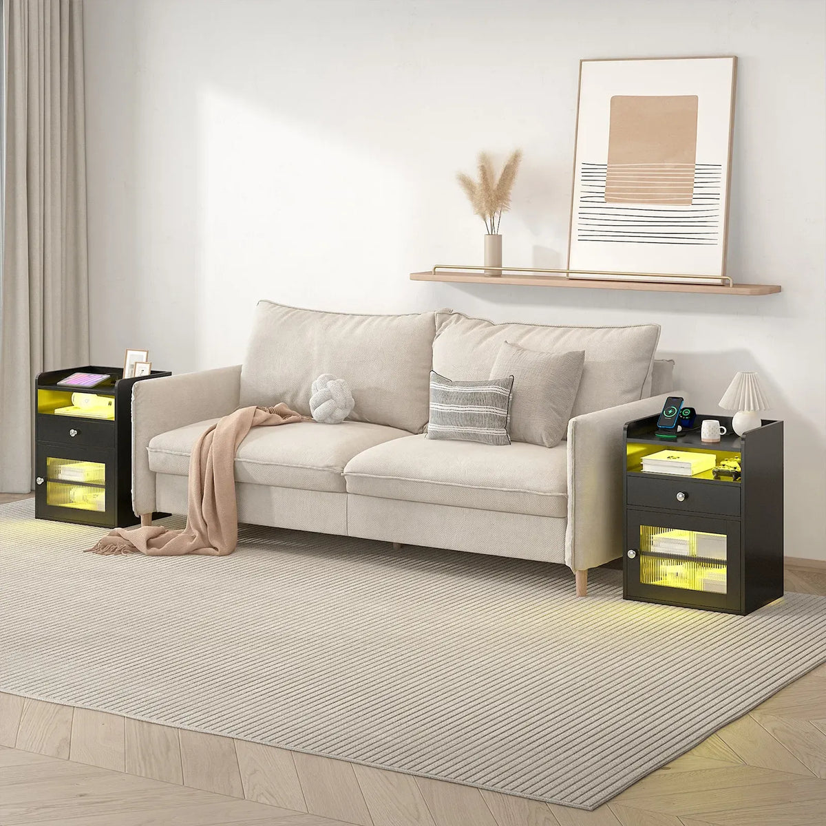Black Bedside Table with Acrylic Door, Charging Station and RGB LED Light