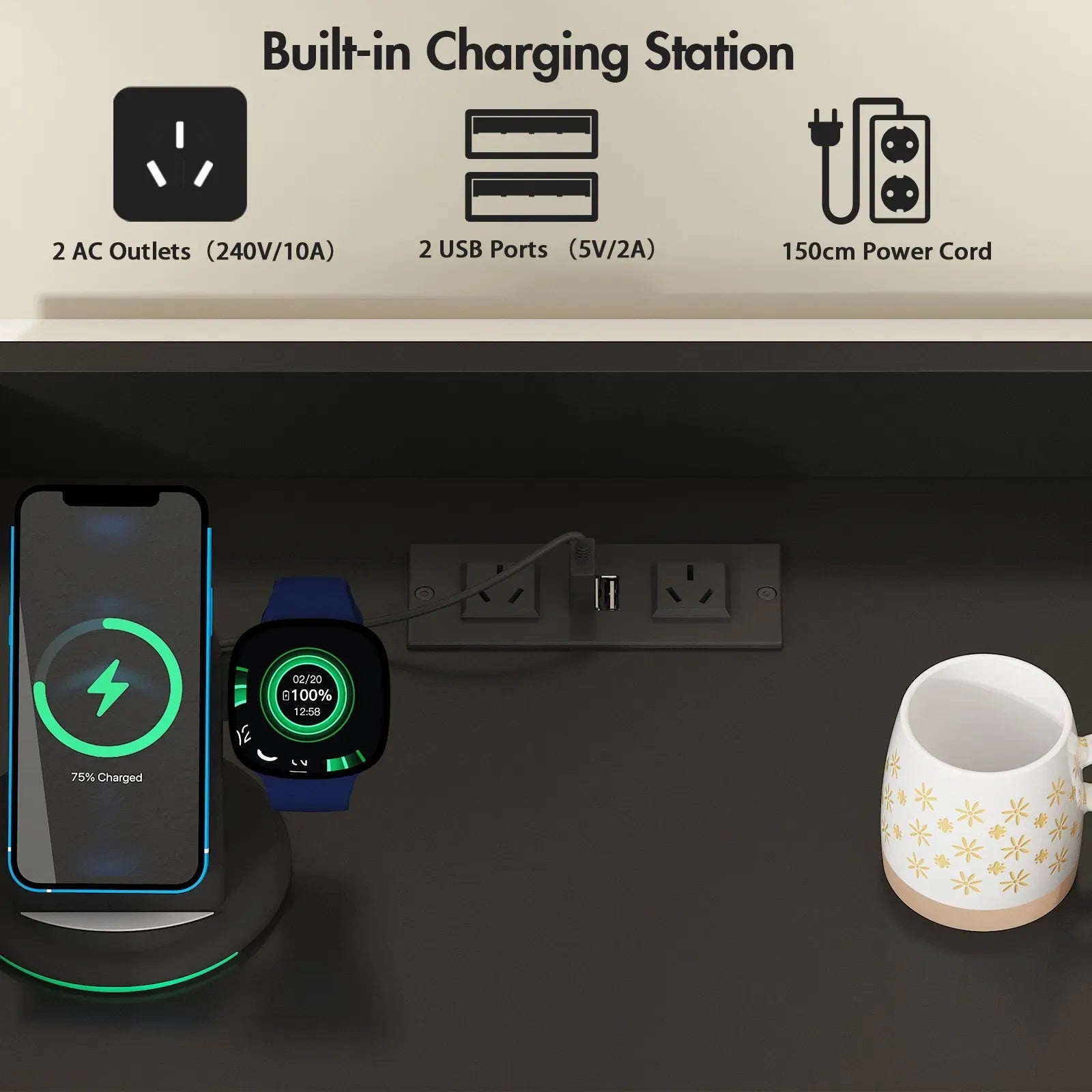 Black Bedside Table with Acrylic Door, Charging Station and RGB LED Light