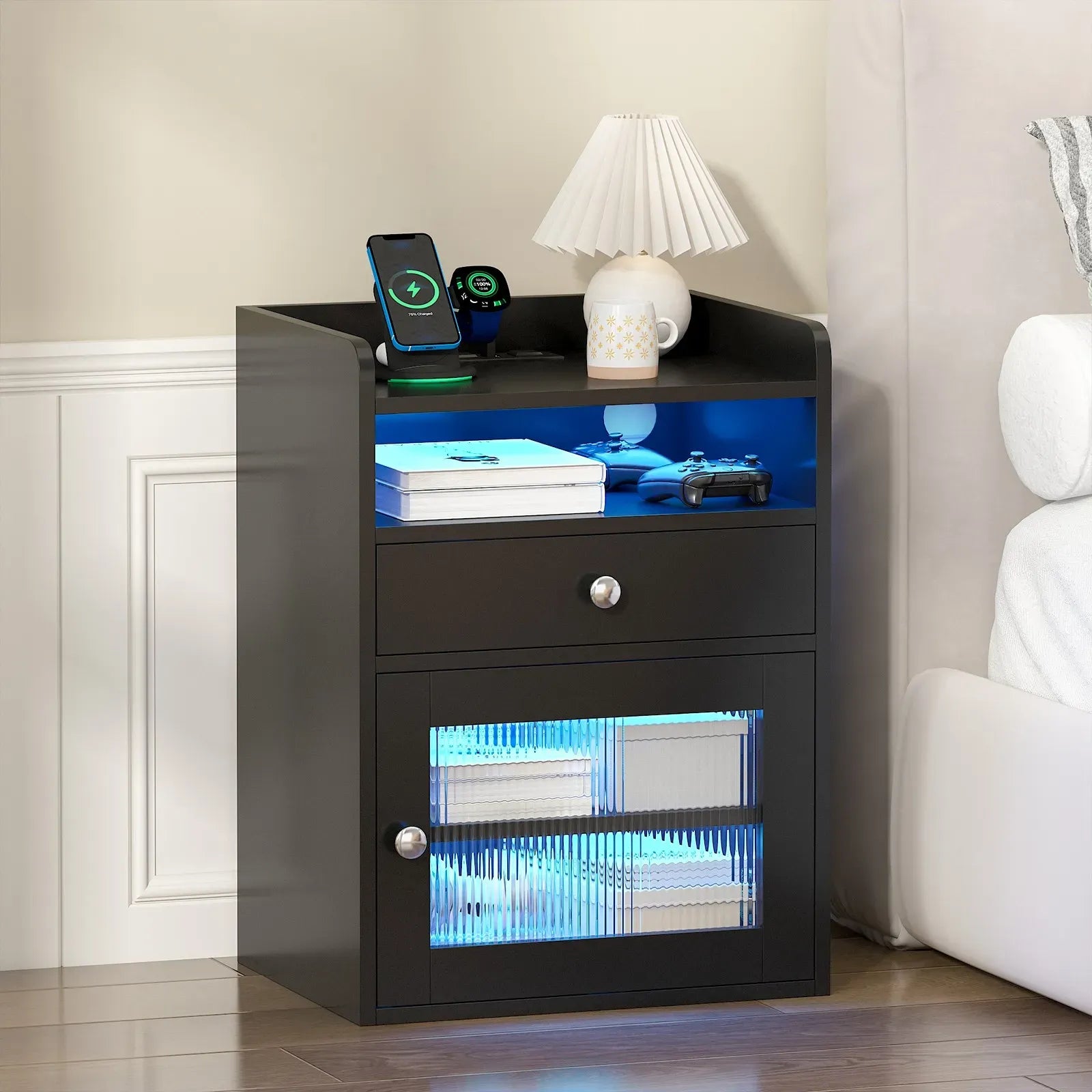 Black Bedside Table with Acrylic Door, Charging Station and RGB LED Light