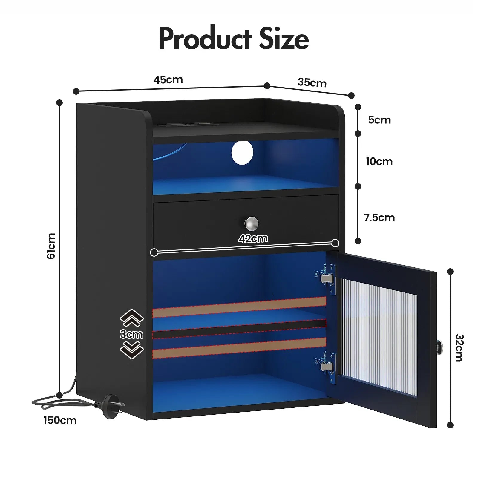Black Bedside Table with Acrylic Door, Charging Station and RGB LED Light