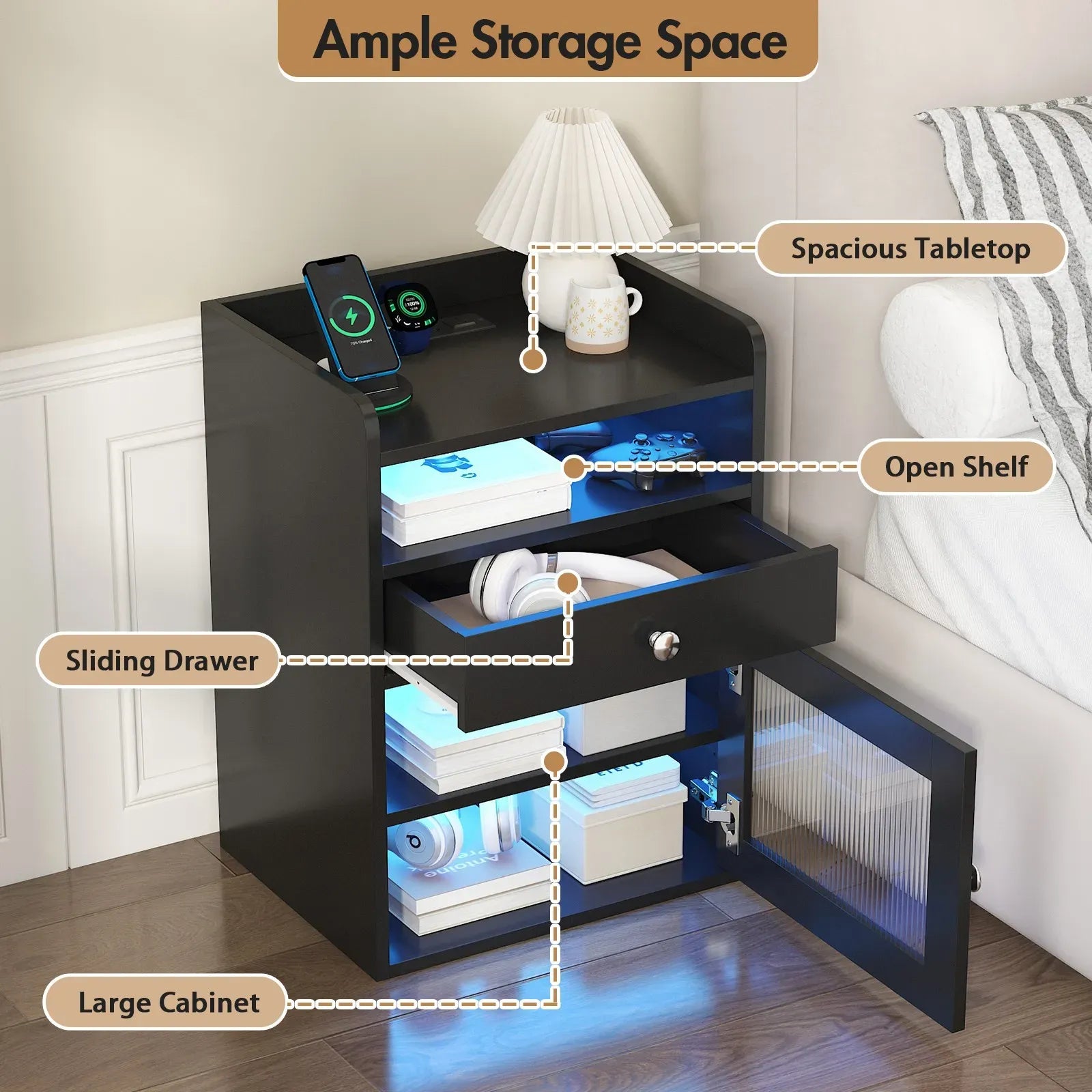 Black Bedside Table with Acrylic Door, Charging Station and RGB LED Light