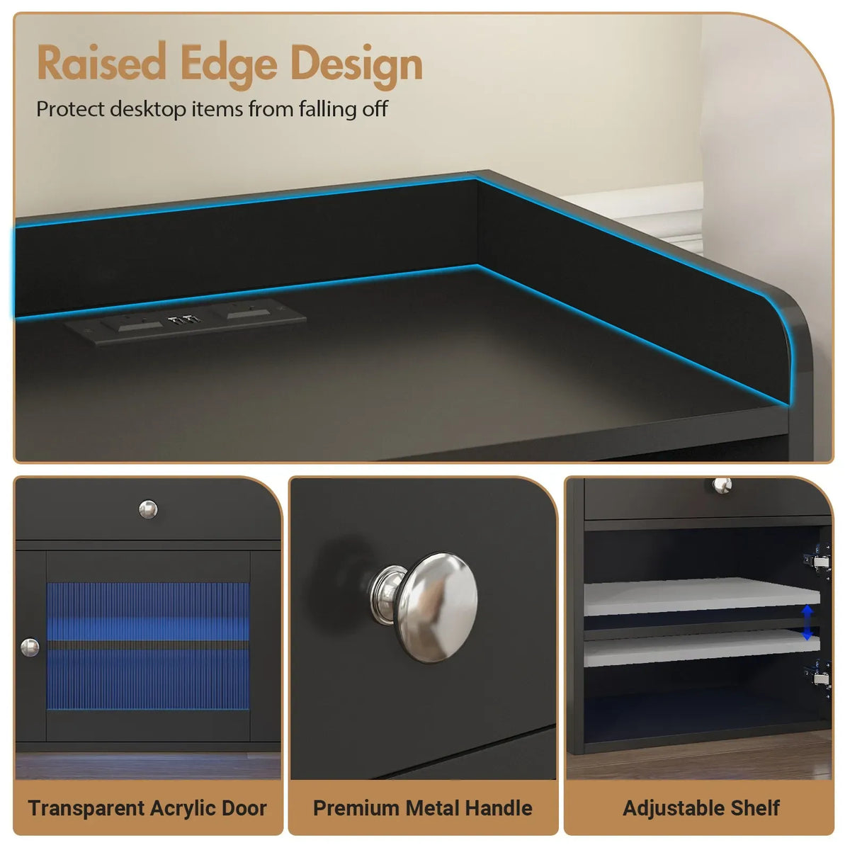 Black Bedside Table with Acrylic Door, Charging Station and RGB LED Light