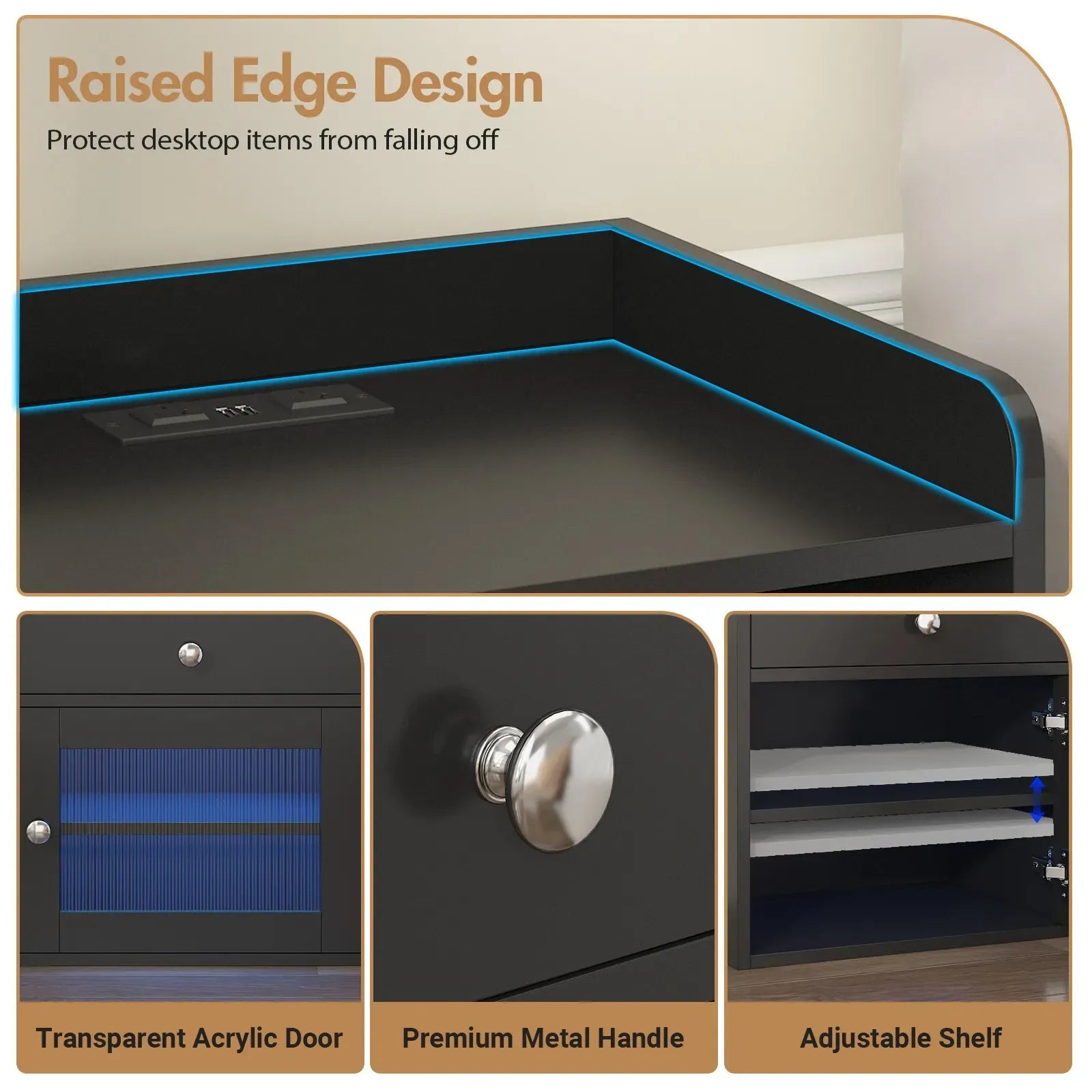 Black Bedside Table with Acrylic Door, Charging Station and RGB LED Light