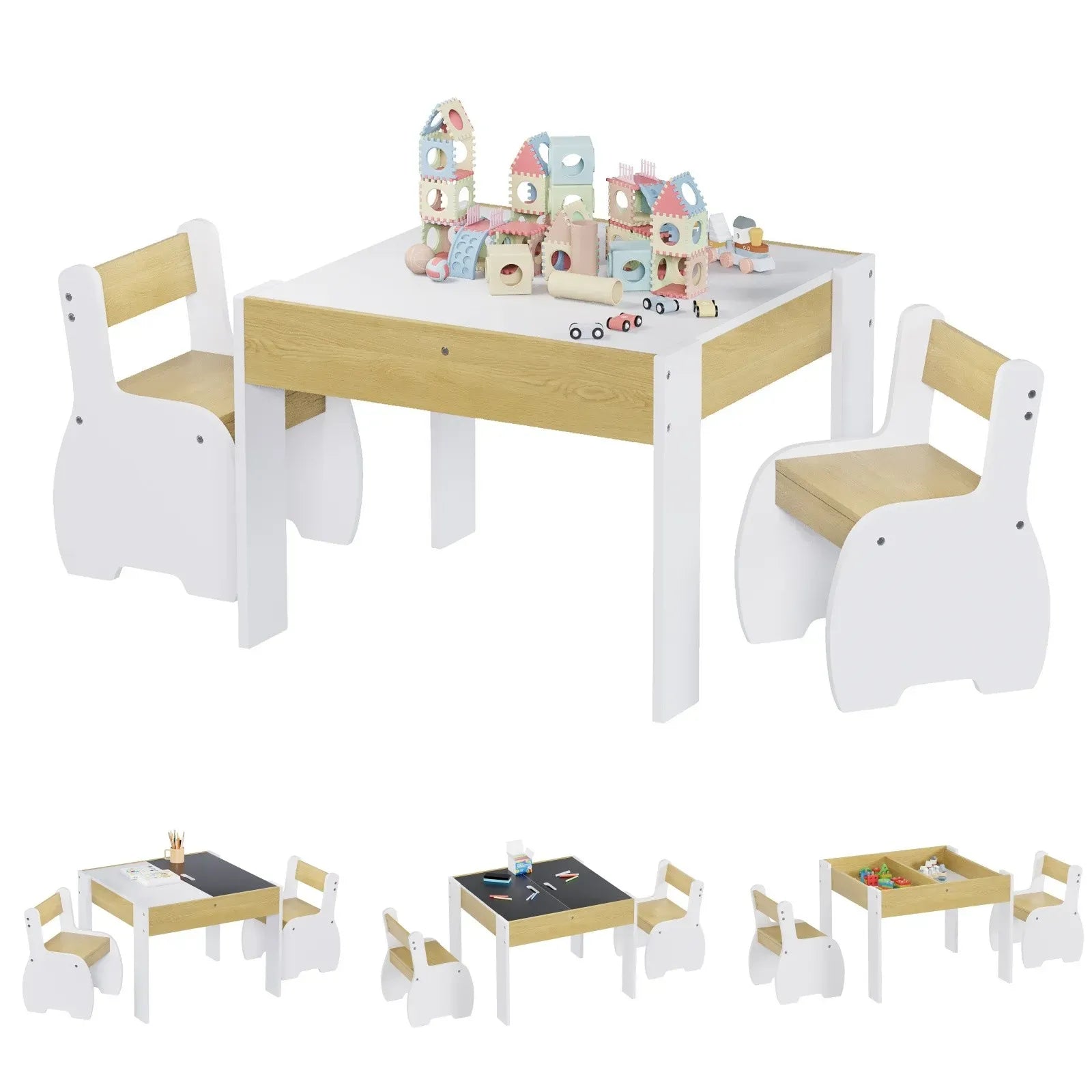 3-Piece Kids Table and Chairs Set in White with Storage, 60x60x48cm