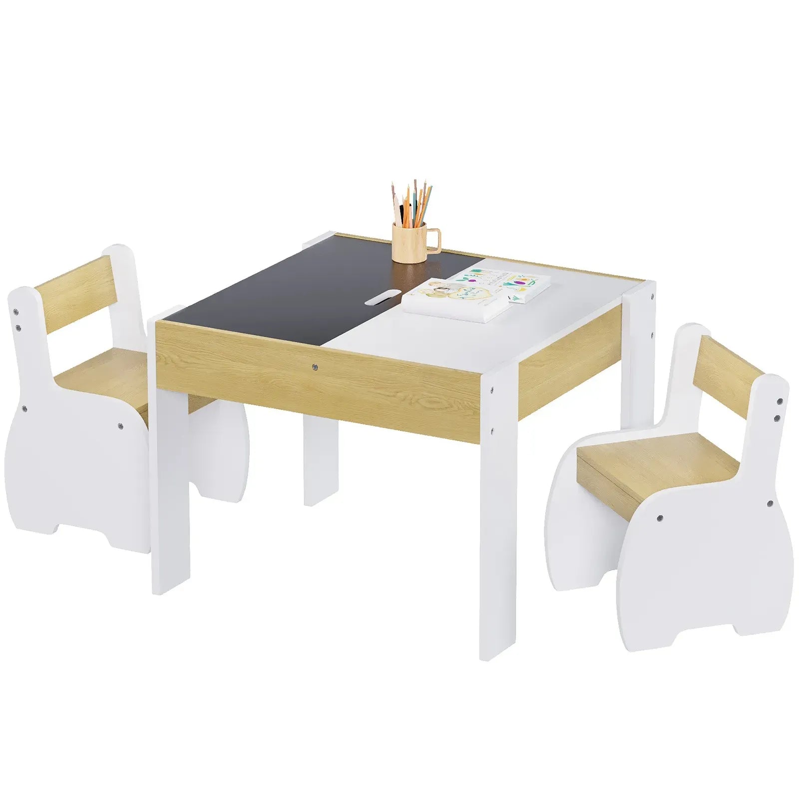 3-Piece Kids Table and Chairs Set in White with Storage, 60x60x48cm