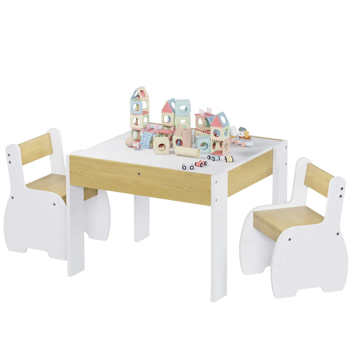 3-Piece Kids Table and Chairs Set in White with Storage, 60x60x48cm