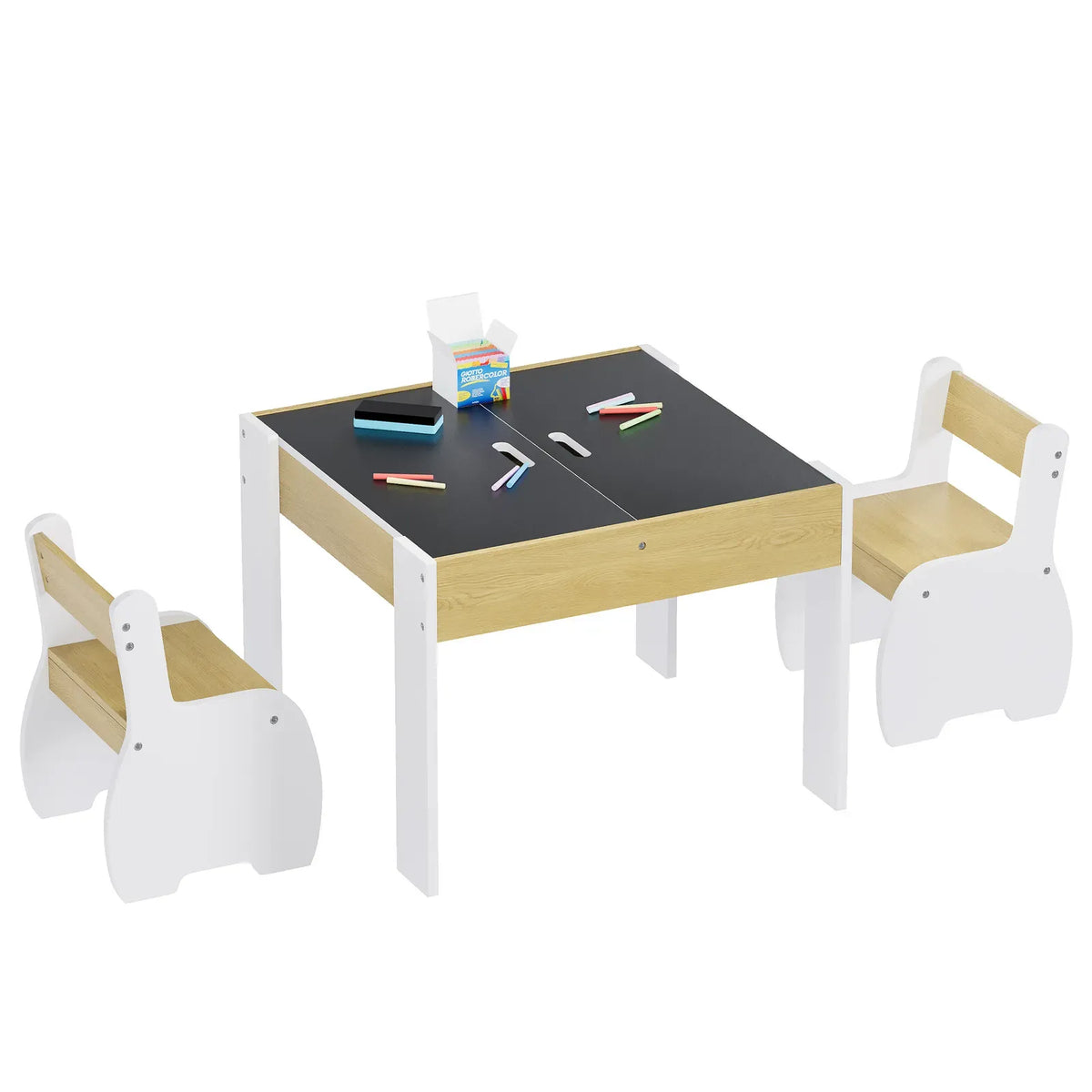 3-Piece Kids Table and Chairs Set in White with Storage, 60x60x48cm