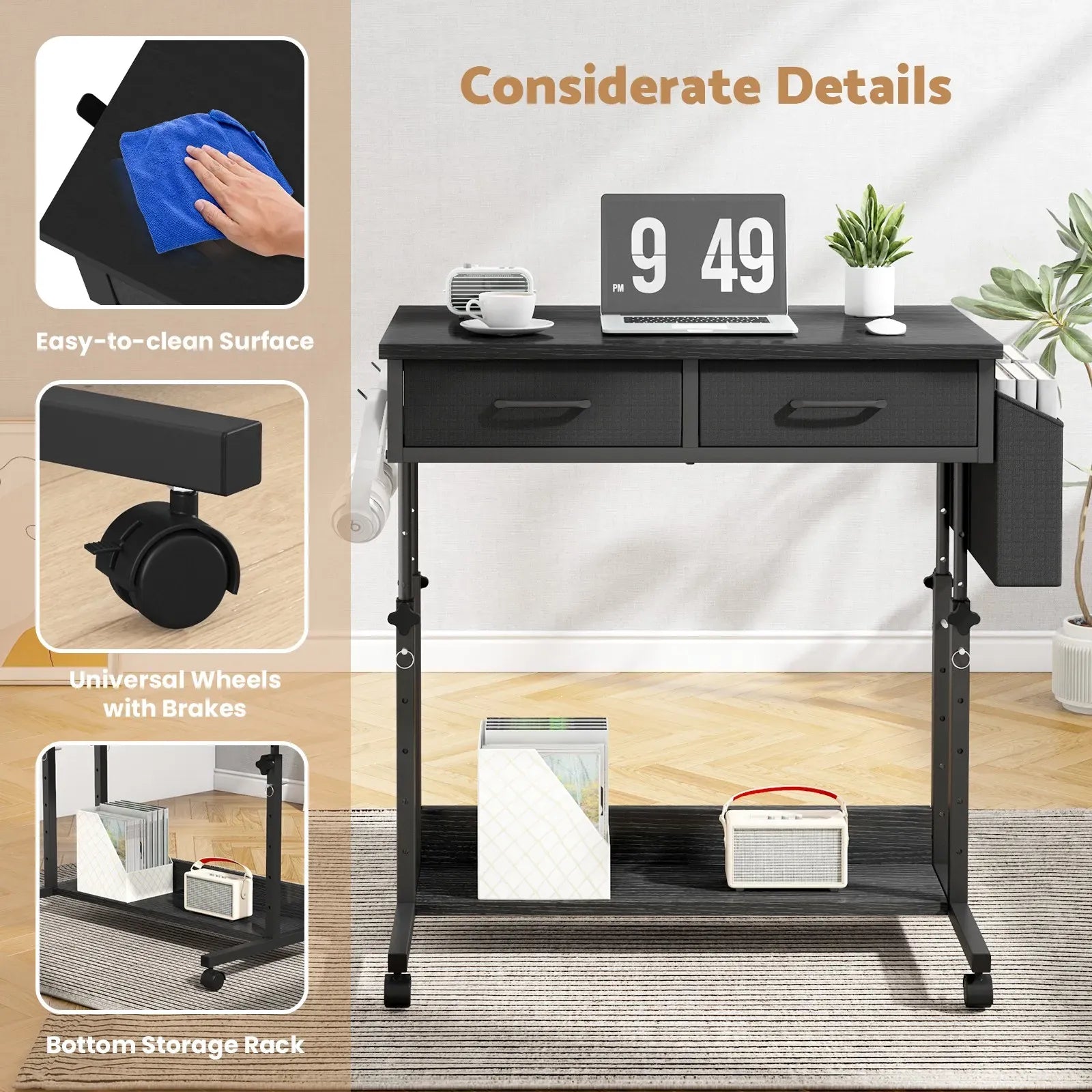 Small Portable Black Rolling Standing Desk with Wheels 80 x 48cm
