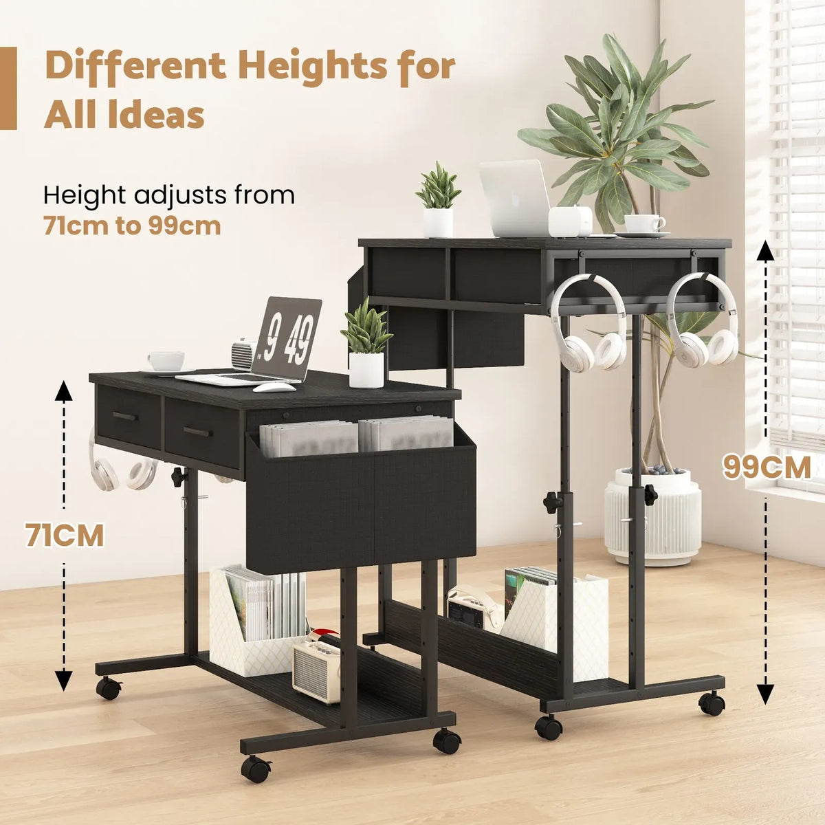Small Portable Black Rolling Standing Desk with Wheels 80 x 48cm