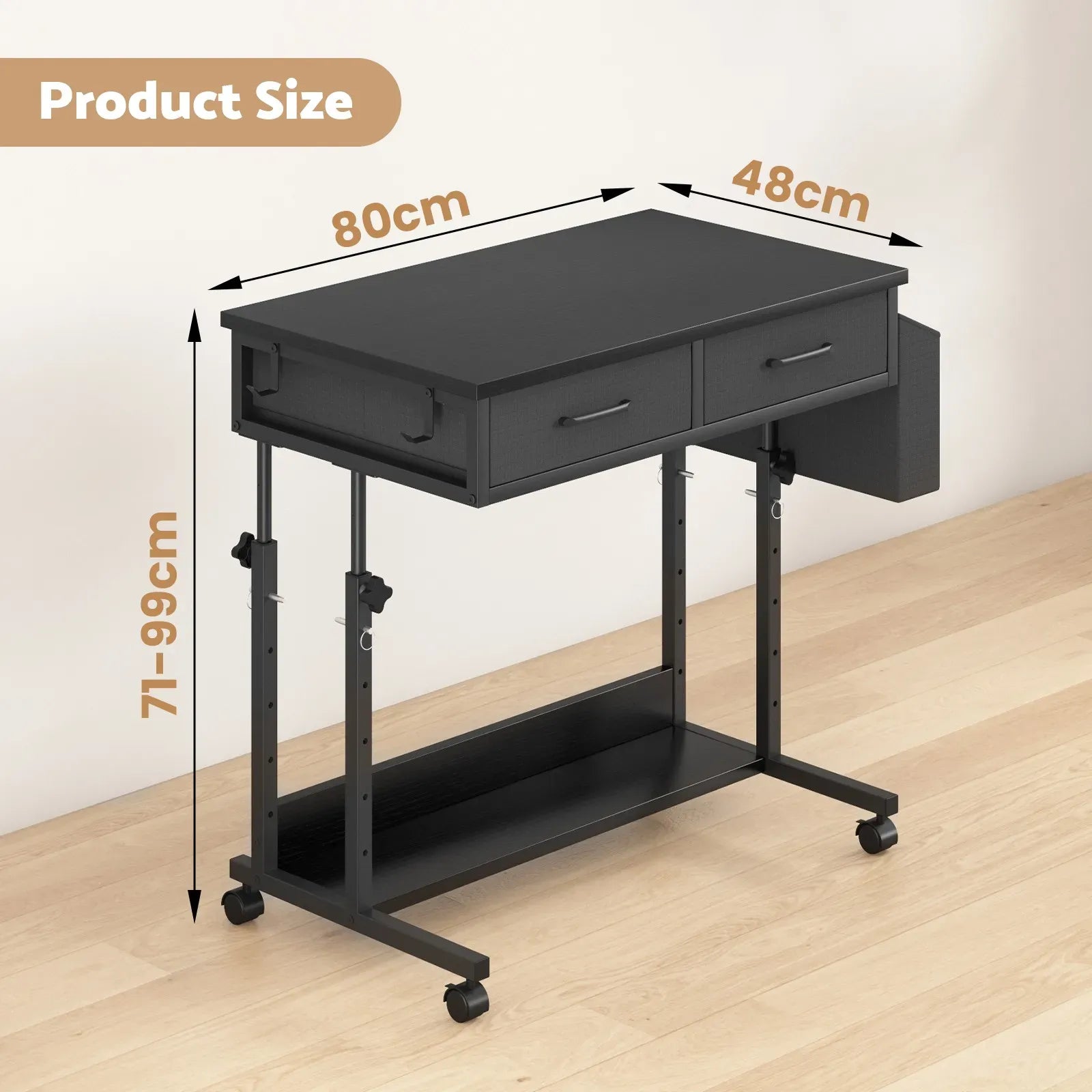 Small Portable Black Rolling Standing Desk with Wheels 80 x 48cm