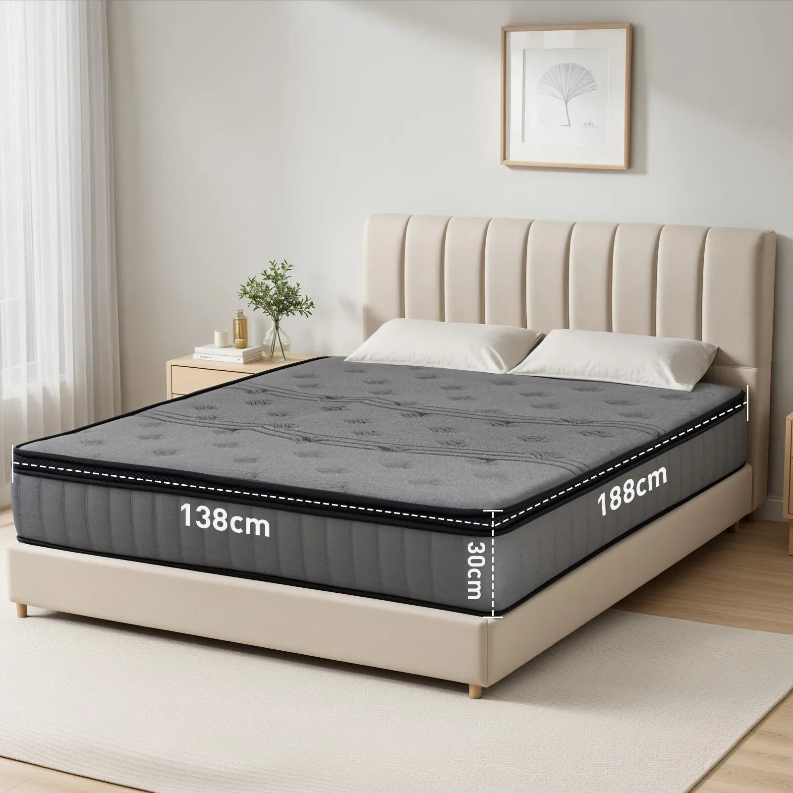 Double Mattress 30CM Thick Medium Firm Pocket Springs Euro Top Memory Foam in Grey