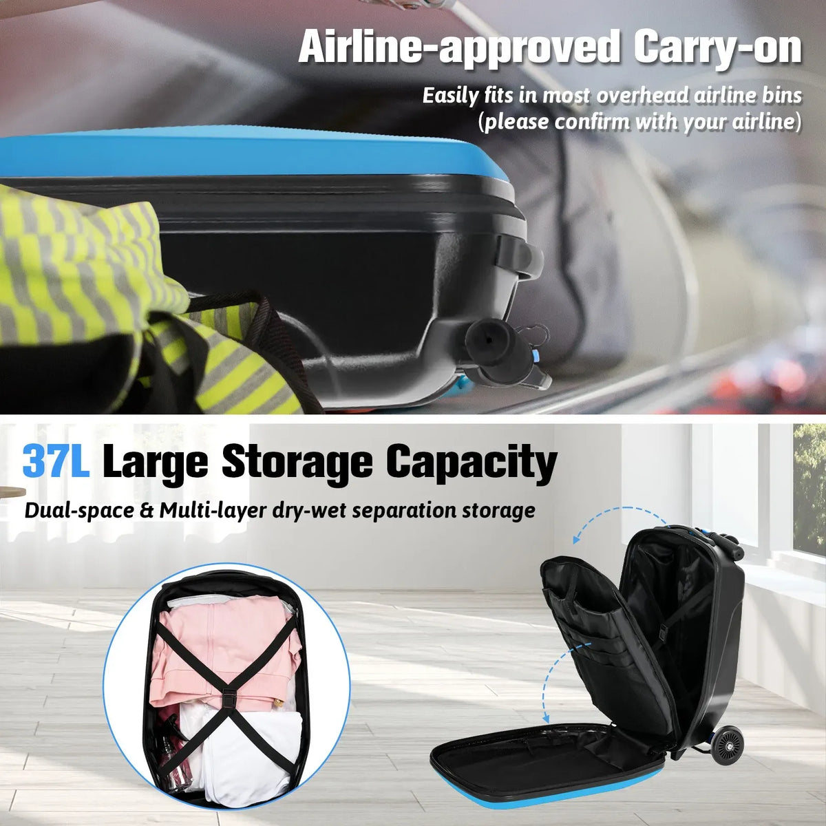 Kids 2-in-1 Foldable Scooter Suitcase Luggage with Wheels, Blue, 37L