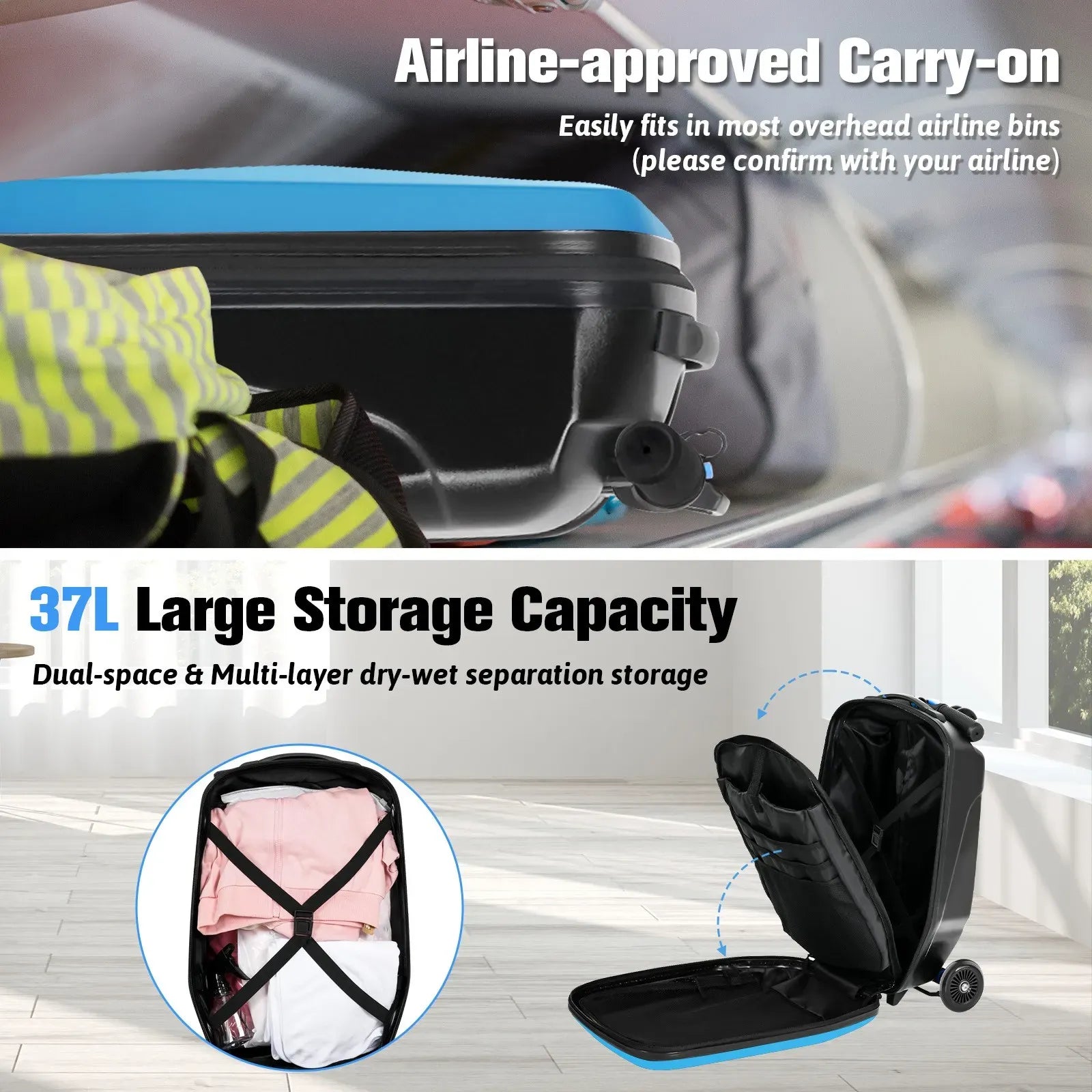 Kids 2-in-1 Foldable Scooter Suitcase Luggage with Wheels, Blue, 37L