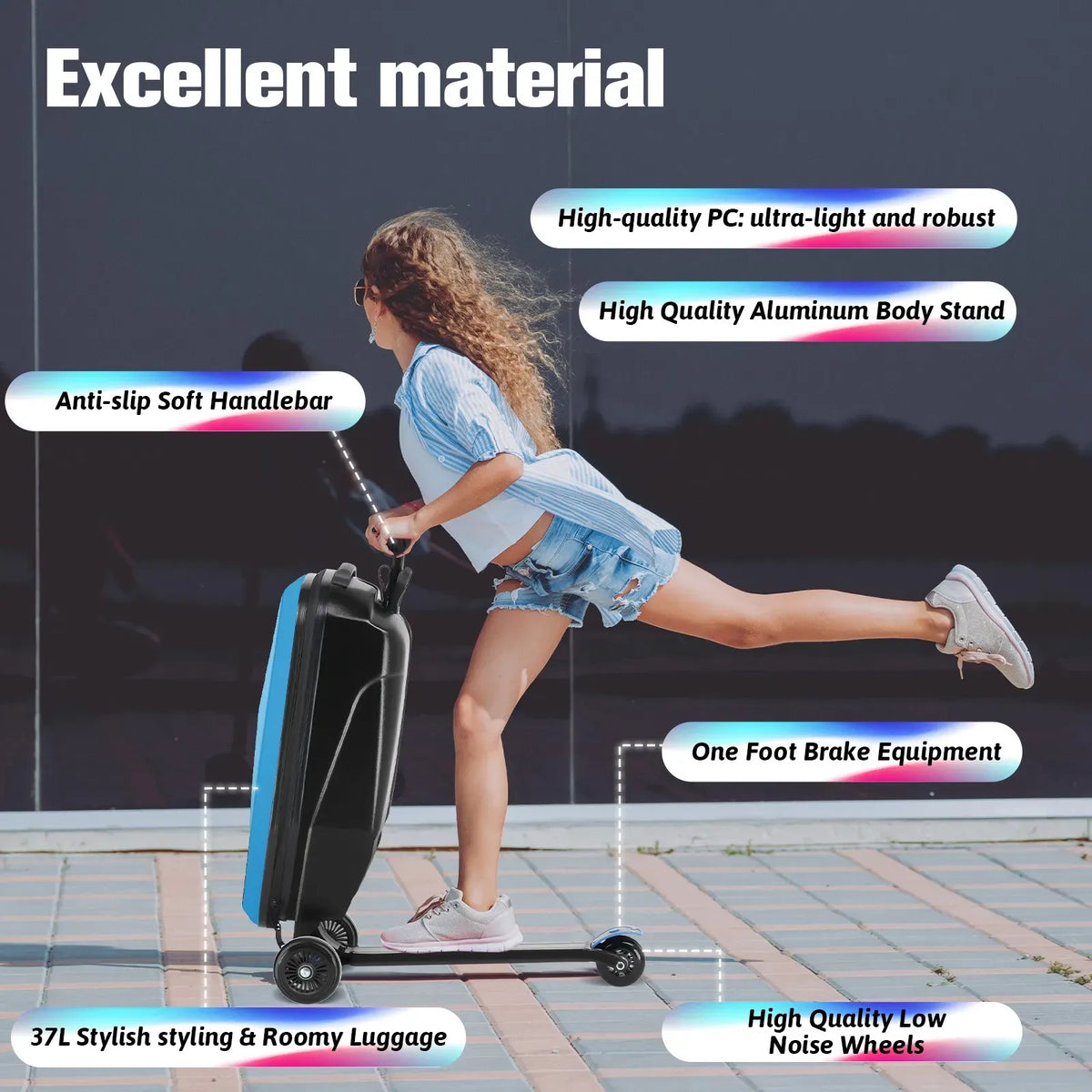 Kids 2-in-1 Foldable Scooter Suitcase Luggage with Wheels, Blue, 37L
