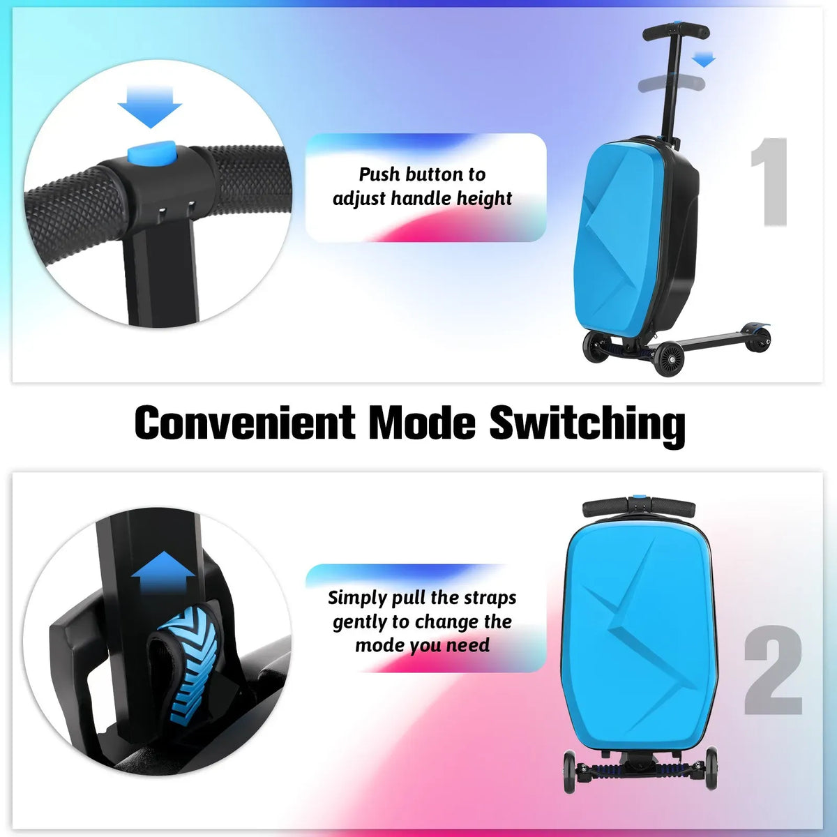Kids 2-in-1 Foldable Scooter Suitcase Luggage with Wheels, Blue, 37L