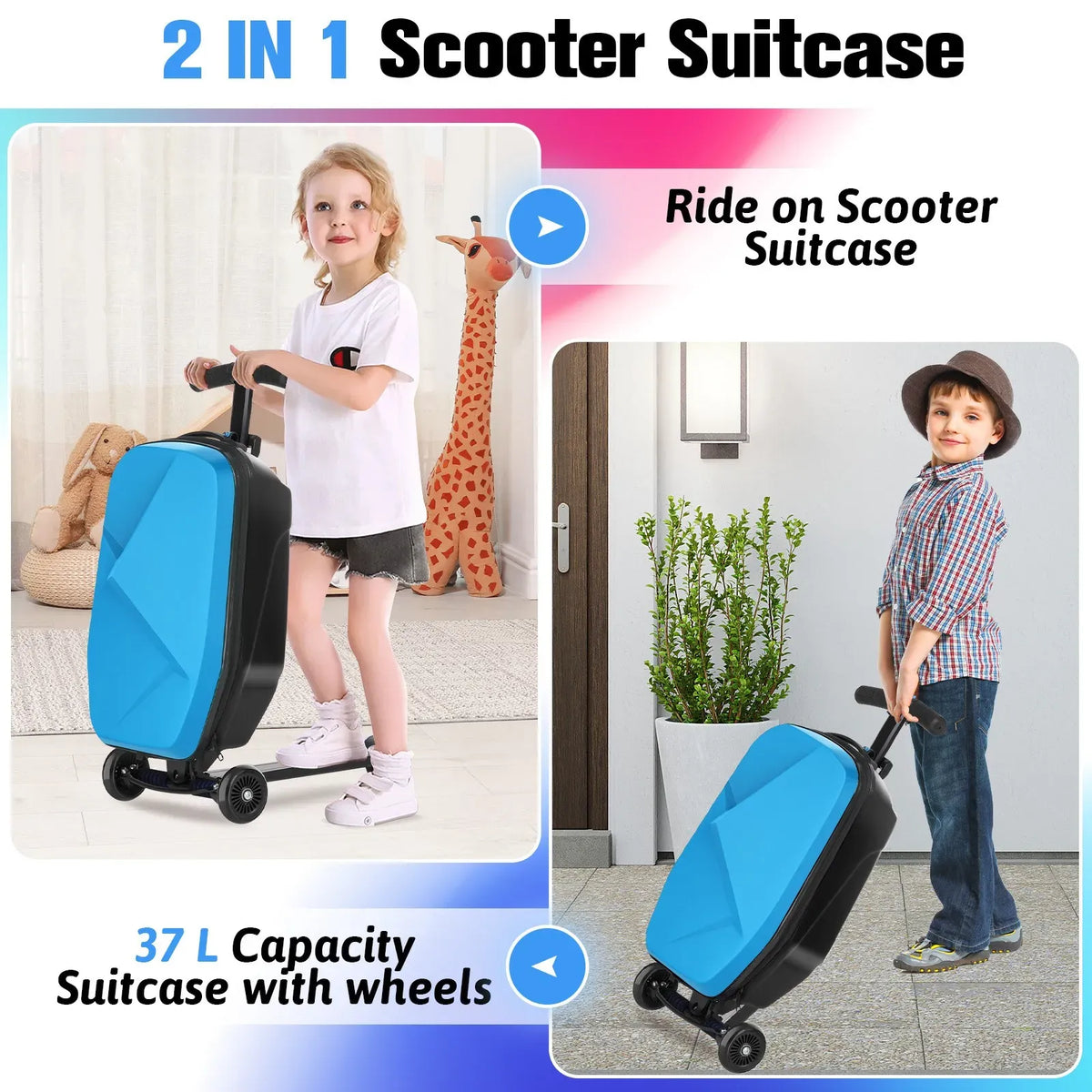 Kids 2-in-1 Foldable Scooter Suitcase Luggage with Wheels, Blue, 37L