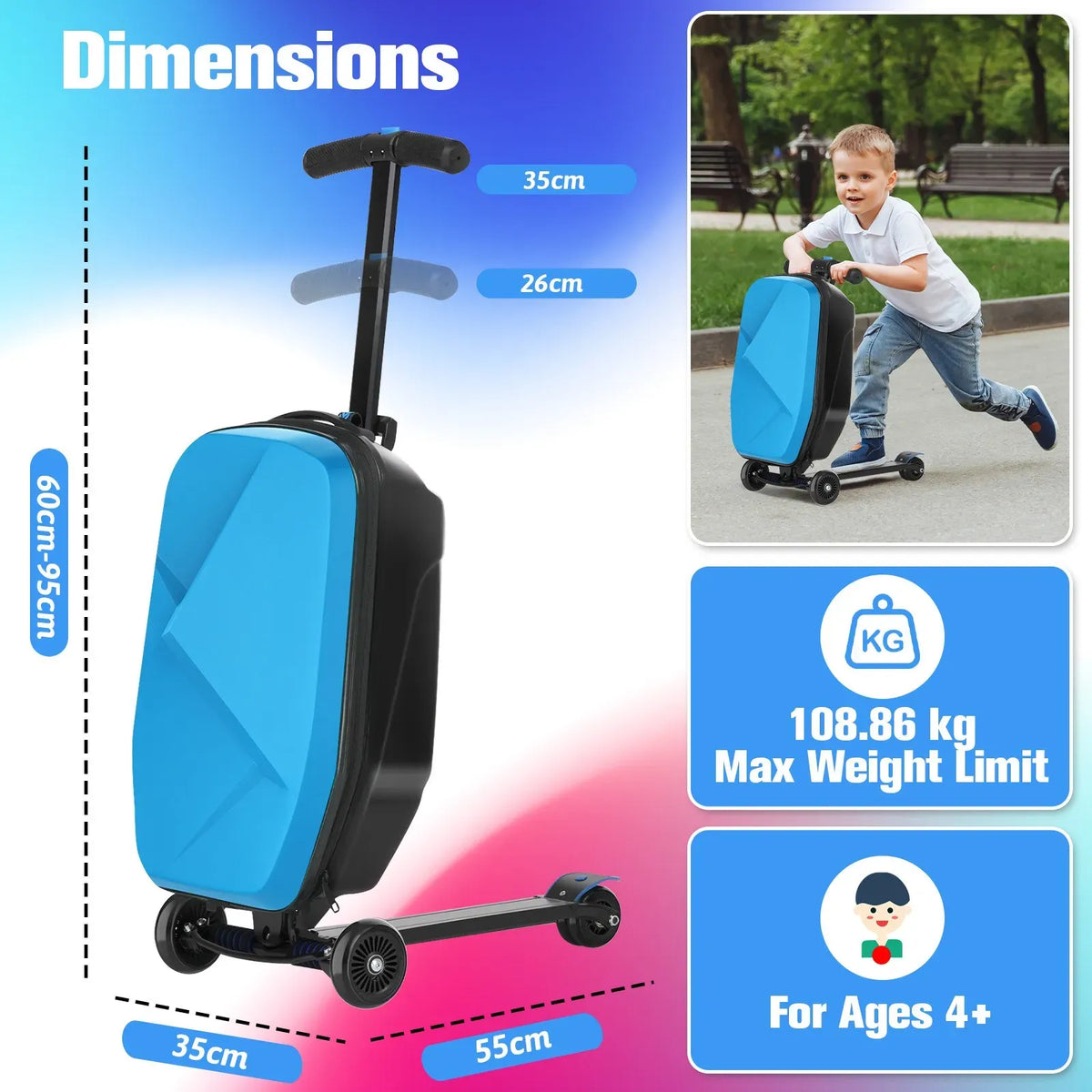 Kids 2-in-1 Foldable Scooter Suitcase Luggage with Wheels, Blue, 37L