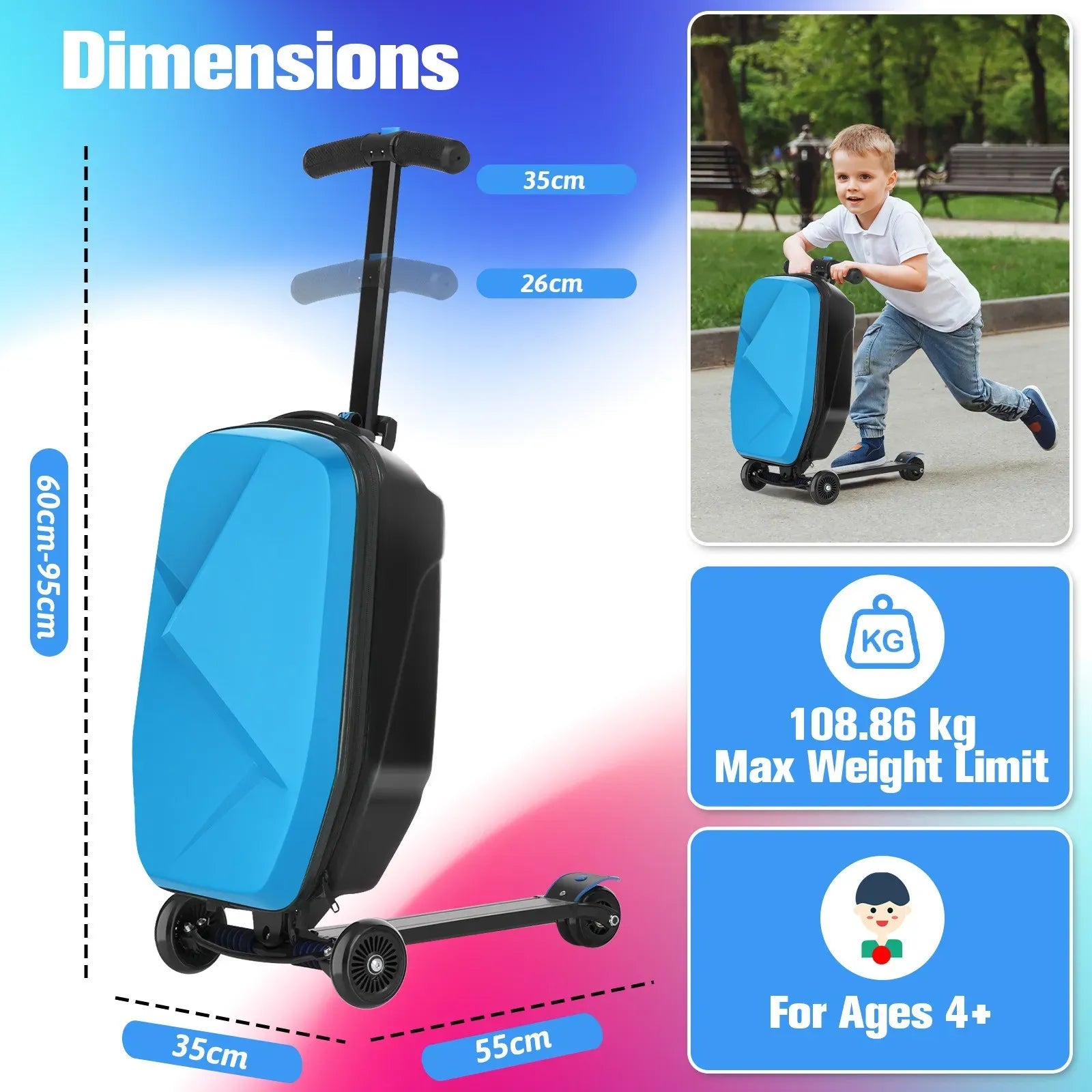 Kids 2-in-1 Foldable Scooter Suitcase Luggage with Wheels, Blue, 37L