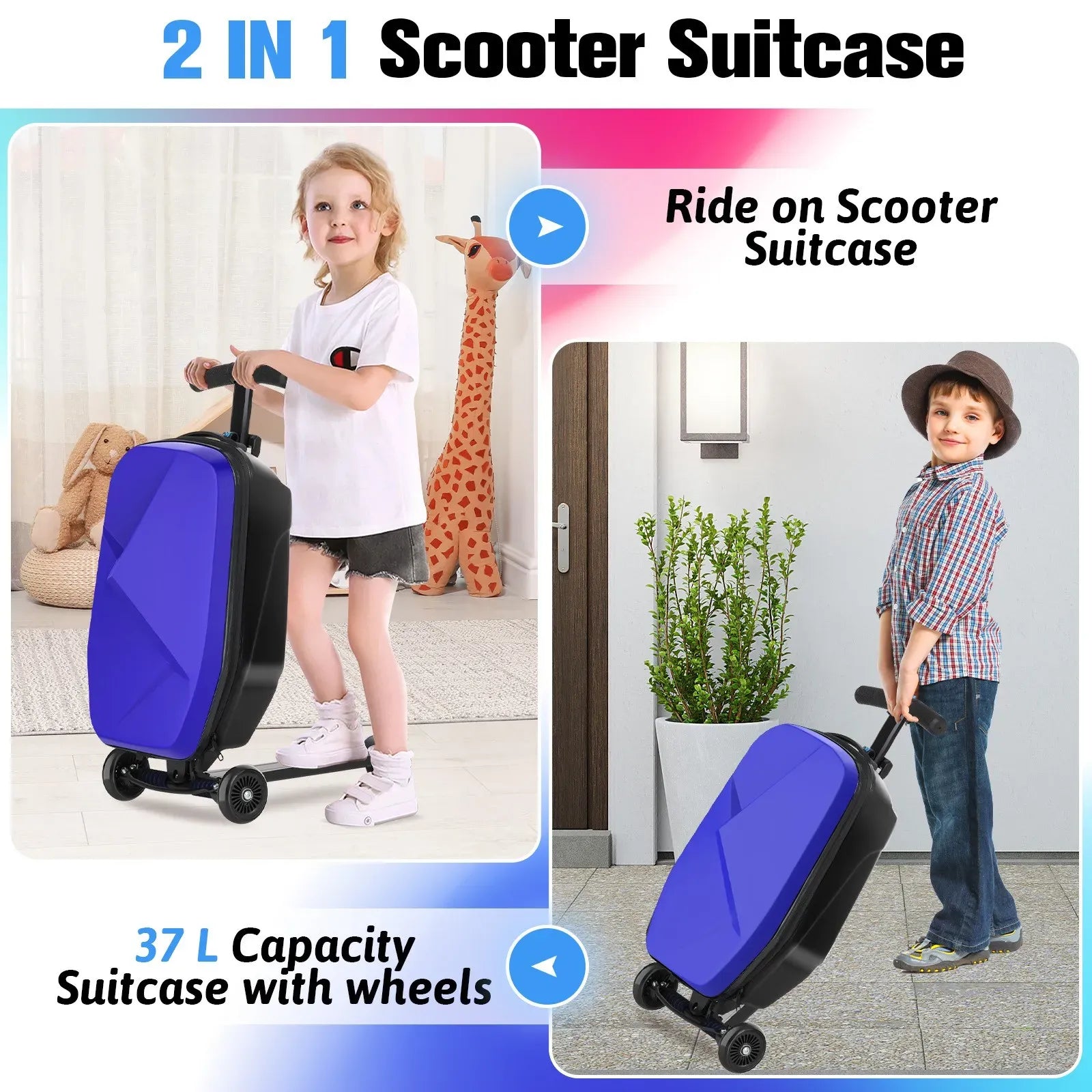 Kids 2-in-1 Foldable Scooter Suitcase Ride-On Luggage in Deep Blue, 37L Capacity