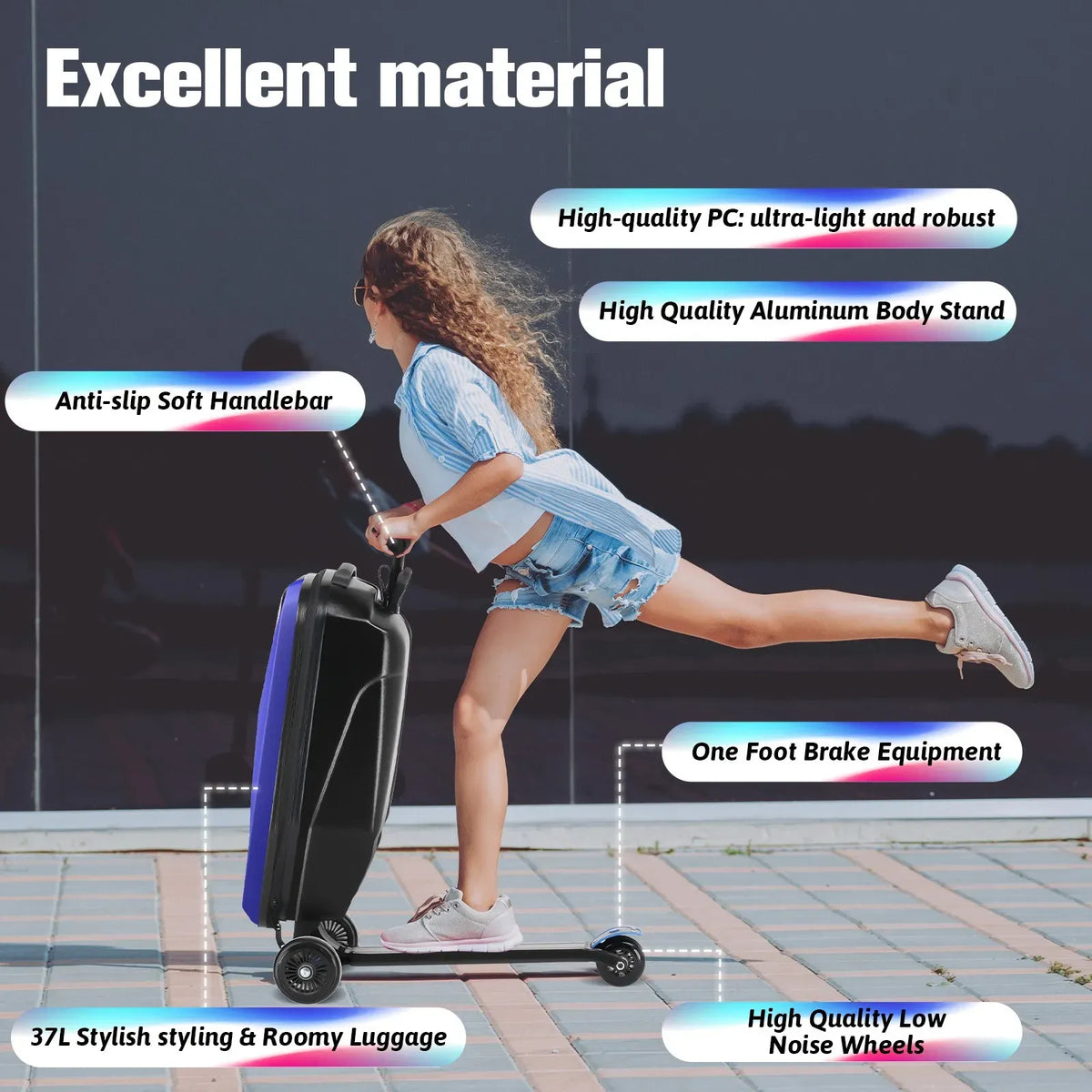 Kids 2-in-1 Foldable Scooter Suitcase Ride-On Luggage in Deep Blue, 37L Capacity