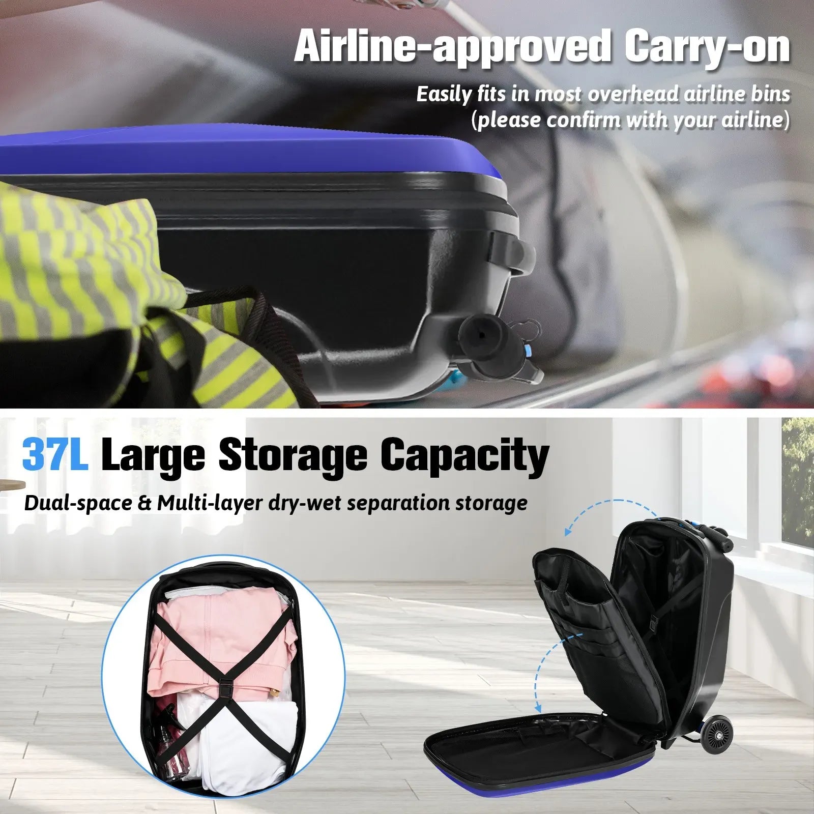 Kids 2-in-1 Foldable Scooter Suitcase Ride-On Luggage in Deep Blue, 37L Capacity