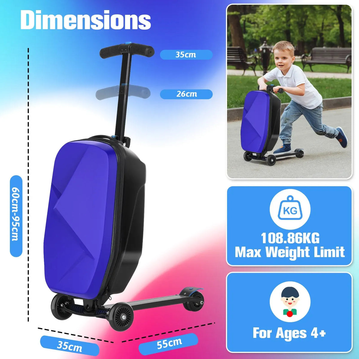 Kids 2-in-1 Foldable Scooter Suitcase Ride-On Luggage in Deep Blue, 37L Capacity