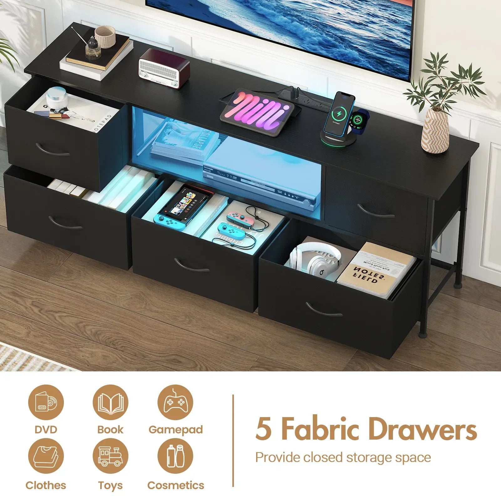 140cm Black LED TV Cabinet Entertainment Unit with Power Outlets