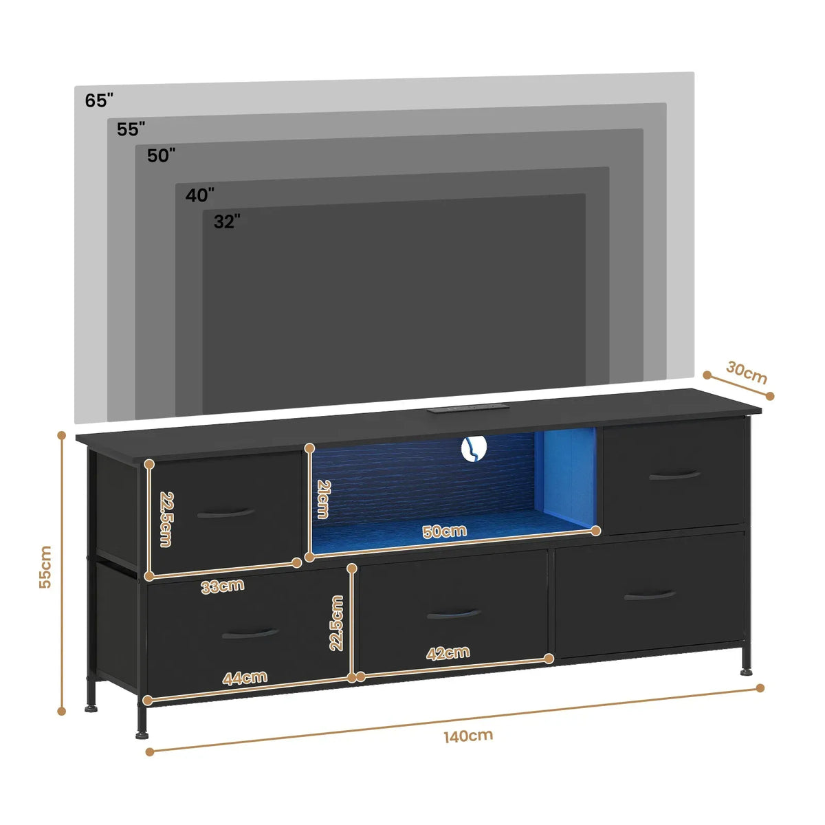 140cm Black LED TV Cabinet Entertainment Unit with Power Outlets